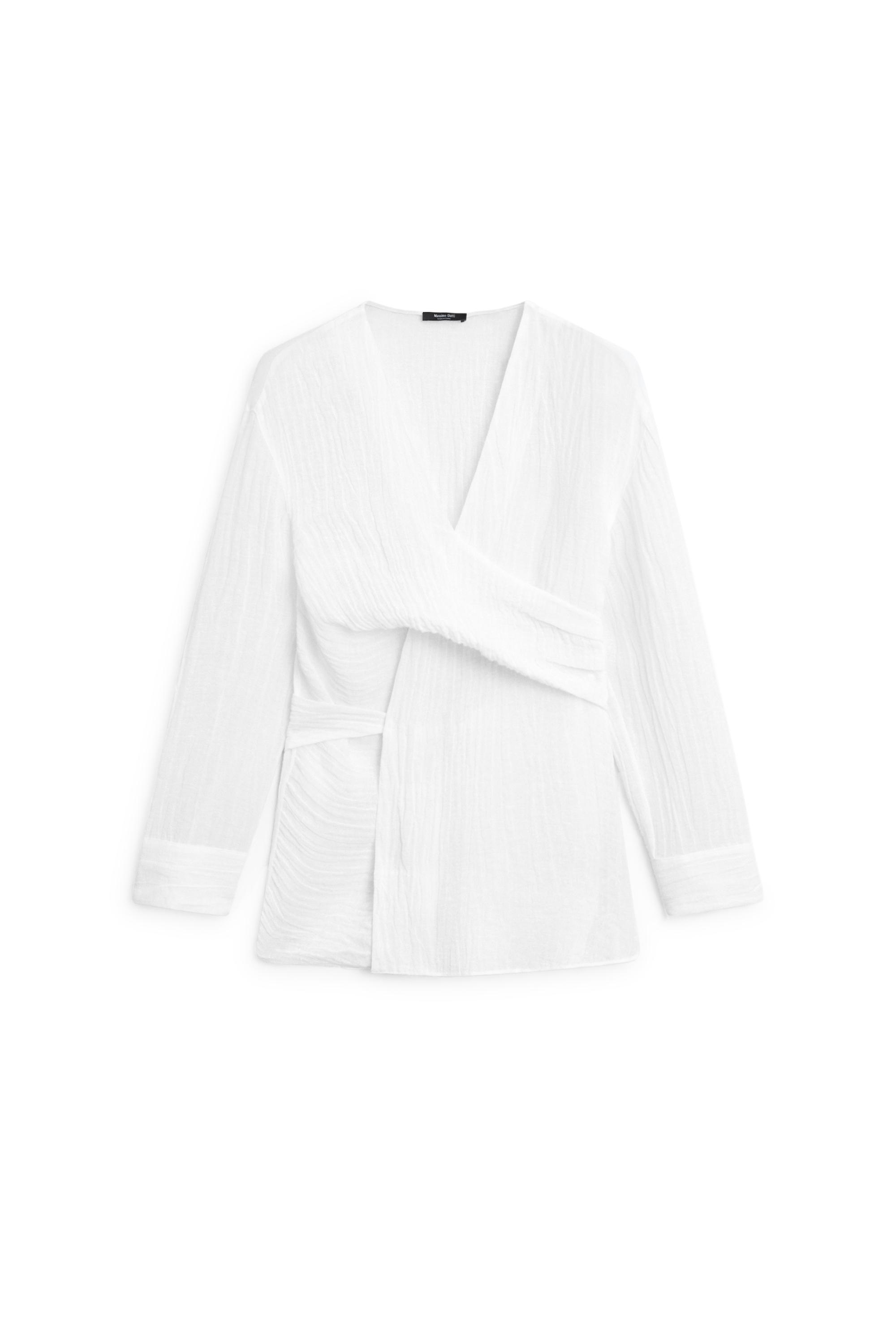 Linen blend blouse with sash belt — WHITE