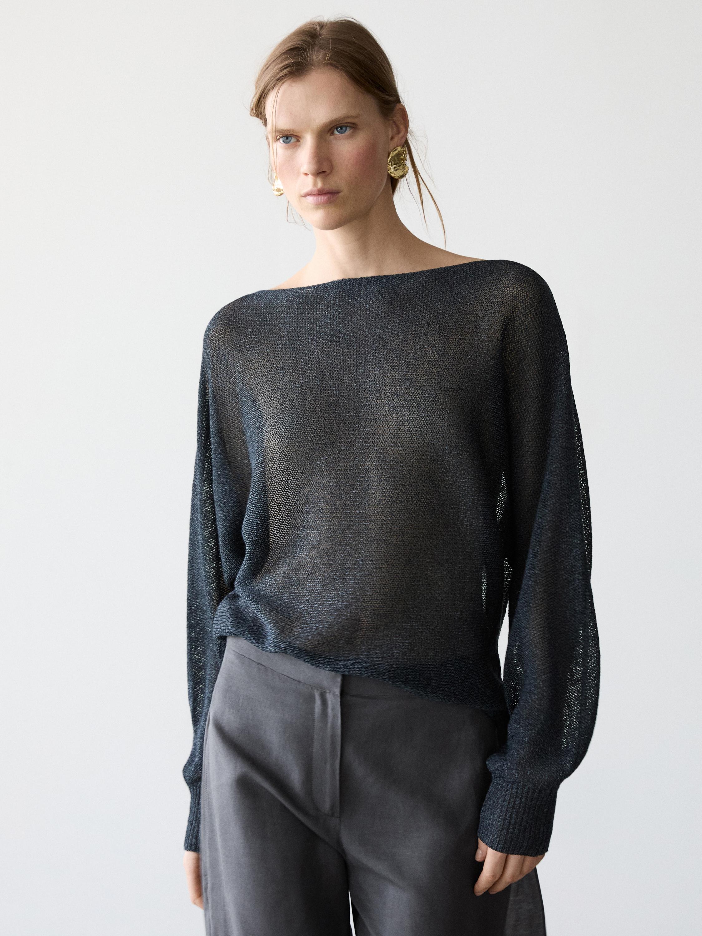 Flowing cotton blend knit sweater — Dark Blue