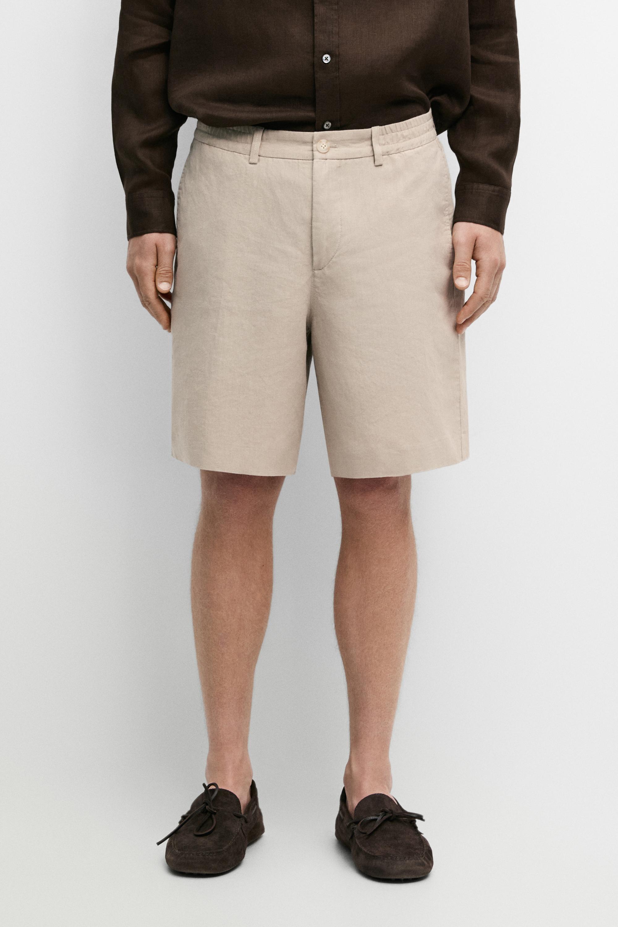 100% linen short Bermuda shorts — BEIGE