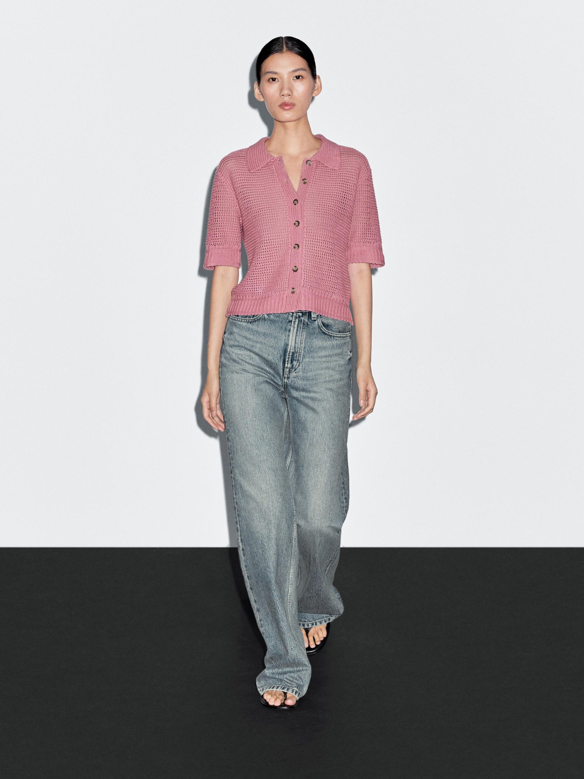 Massimo Dutti Cotton Blend Cutwork Polo Shirt In Pink