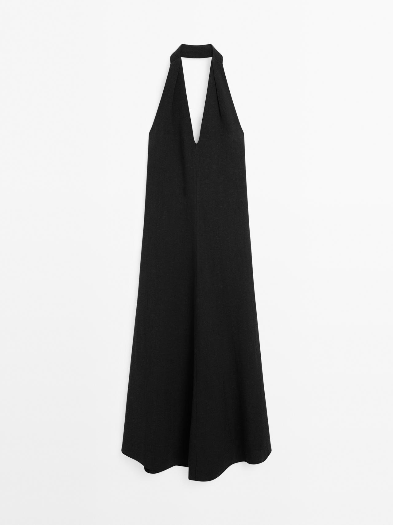 Massimo Dutti - Dame - Midikjole Med Halterneck Og Dyb Udskæring Bagpå - Sort - 42