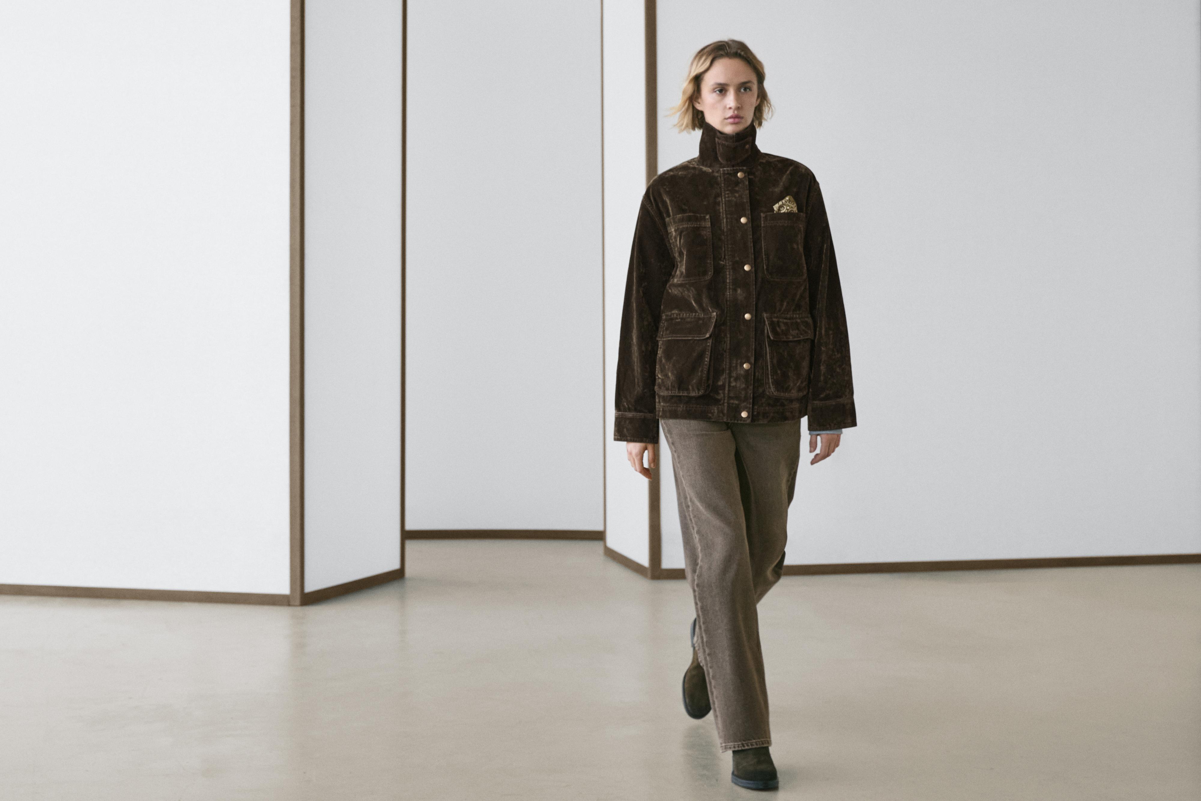 Flocked denim jacket with collar detail — KHAKI