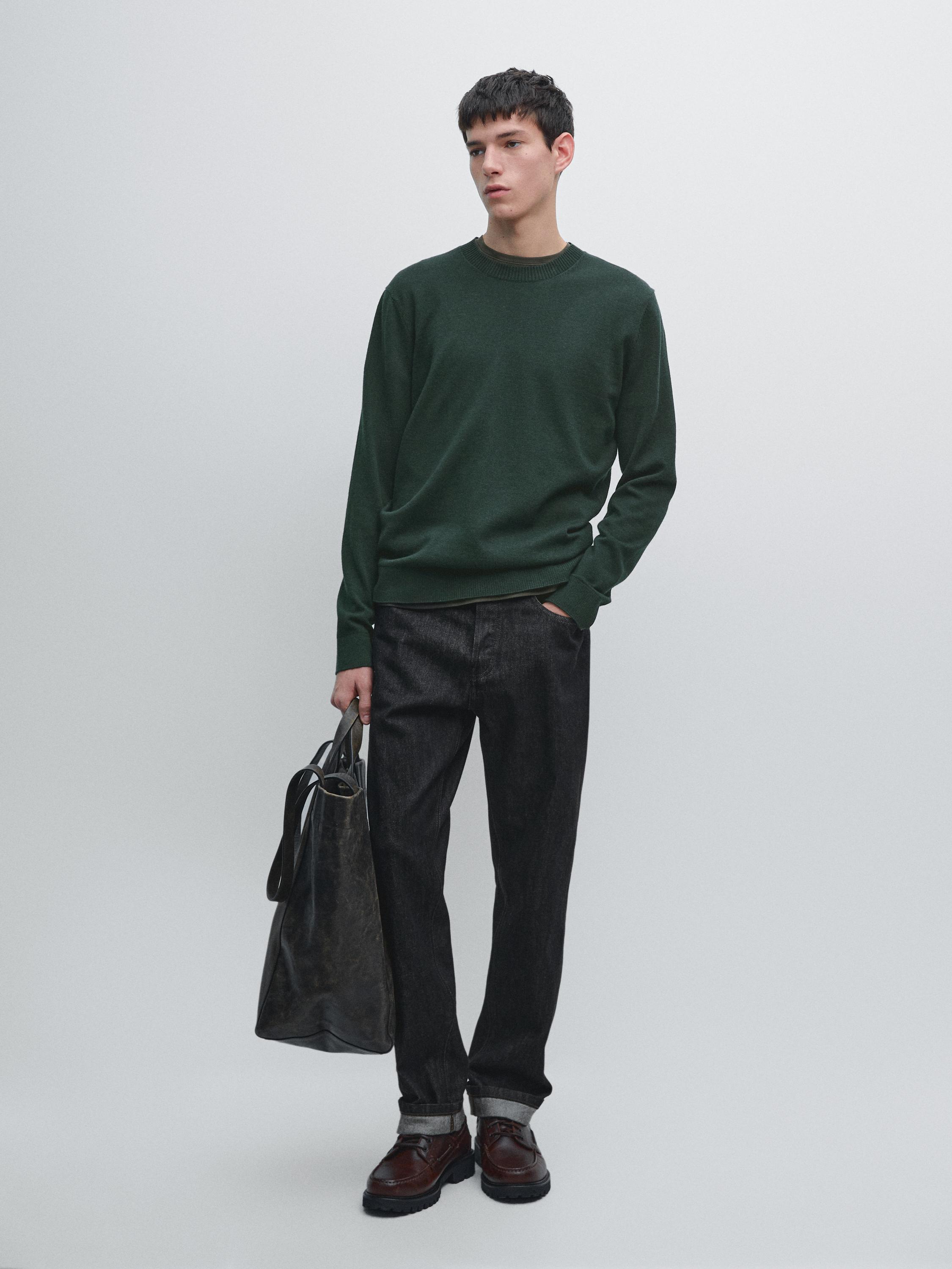 Knit cotton and wool sweater with crew neck — BOTTLE