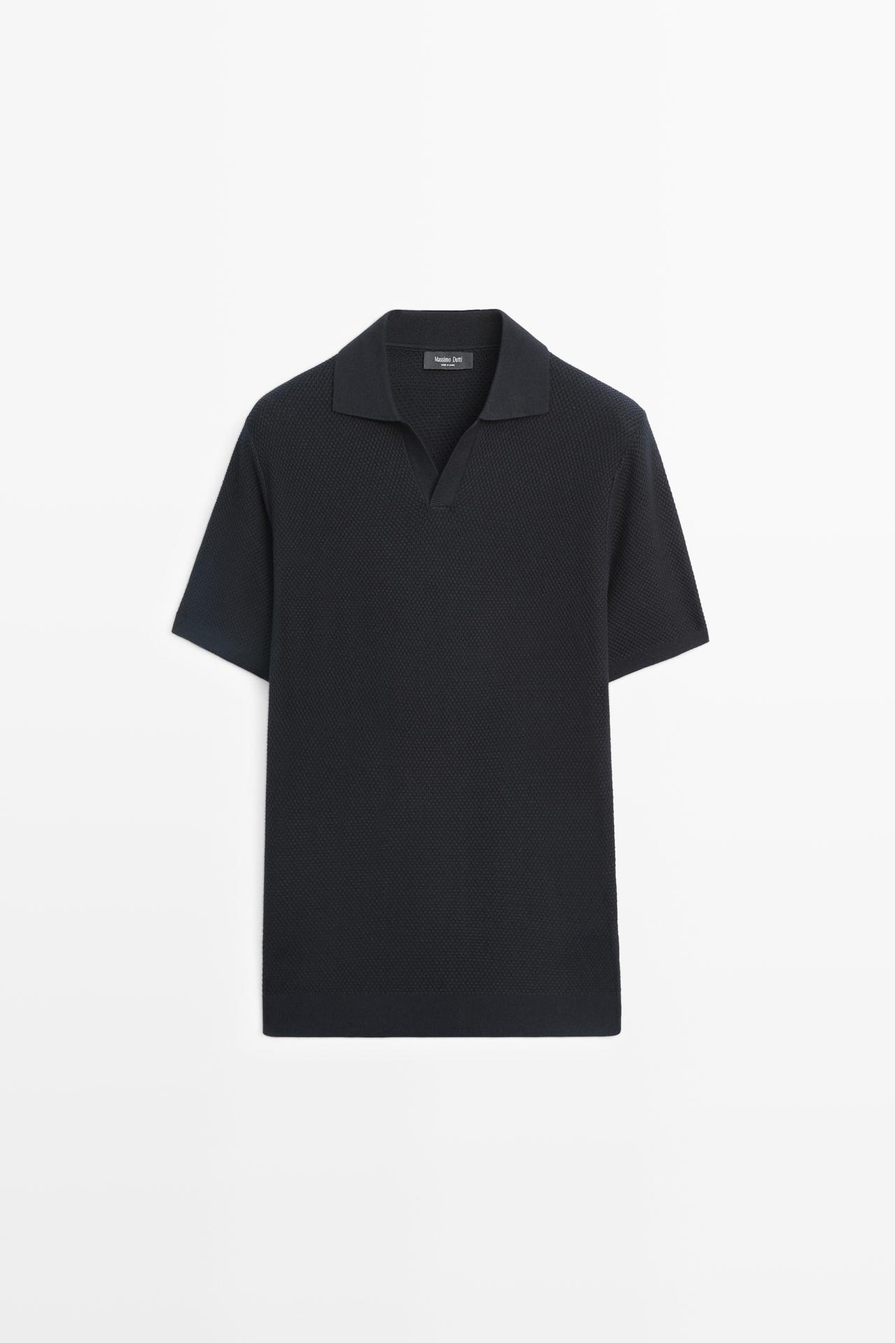 Cotton blend knit V-neck polo shirt — NAVY BLUE