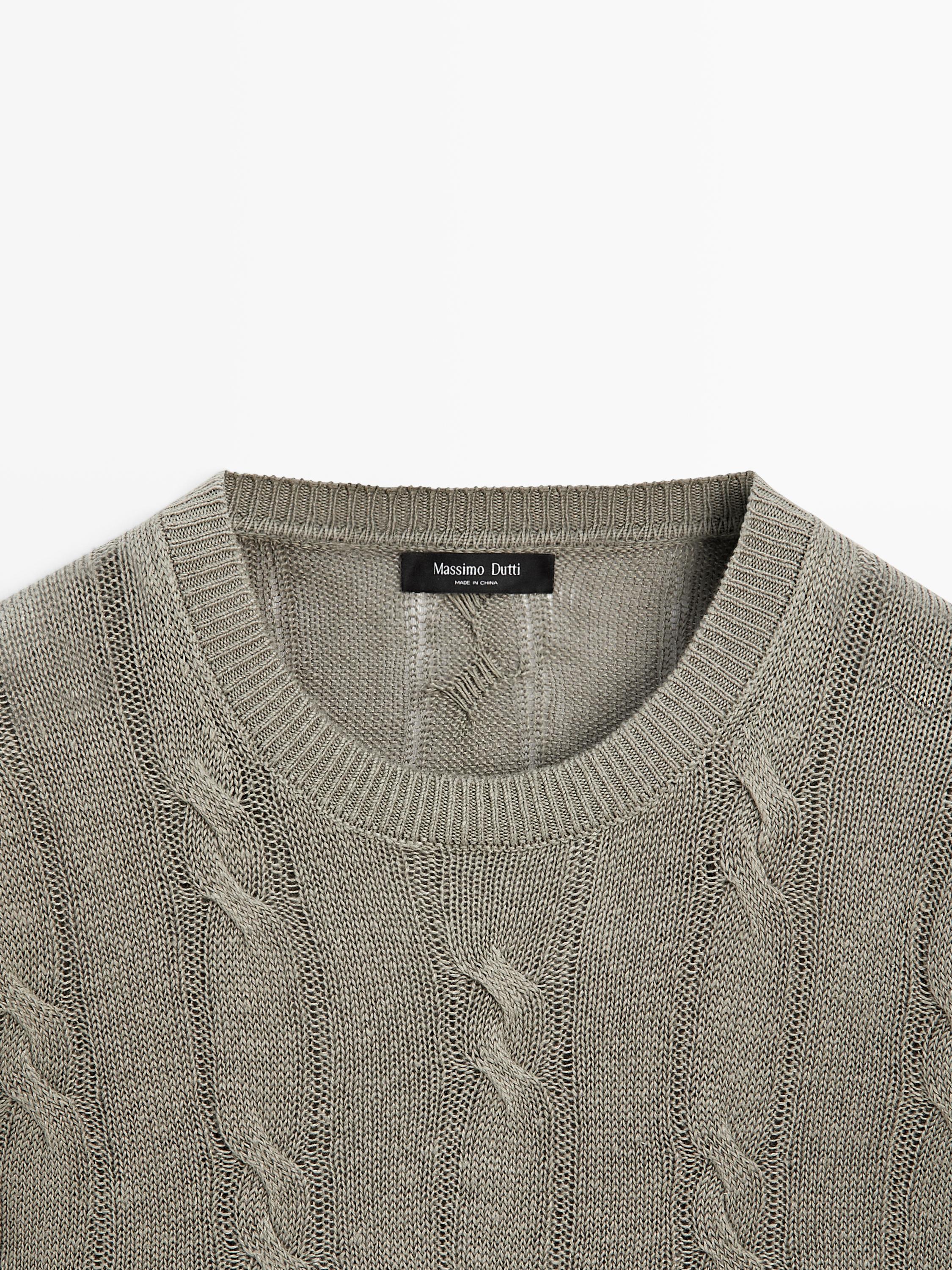 100% linen cable-knit sweater — PALE KHAKI