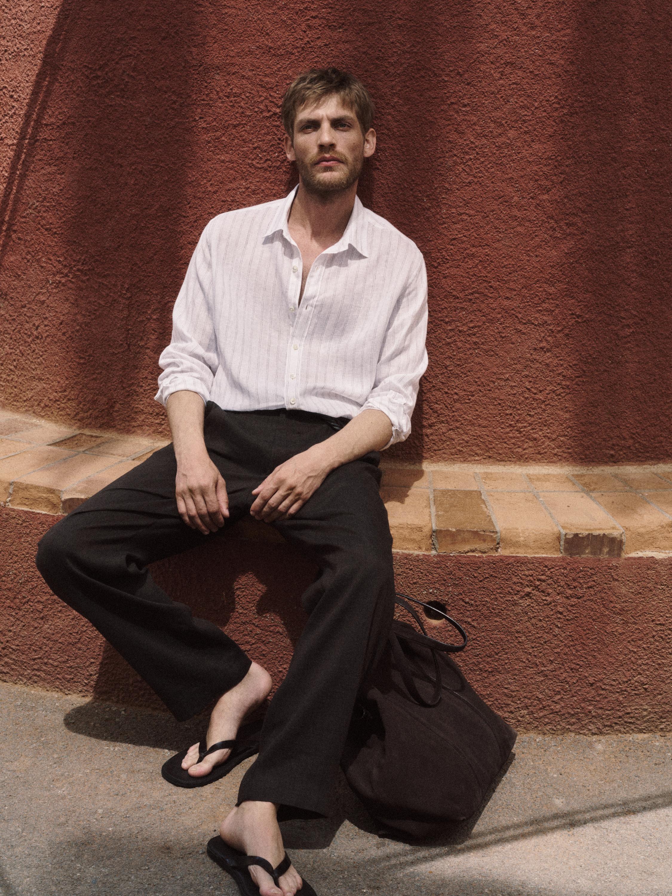 100% linen regular fit striped shirt