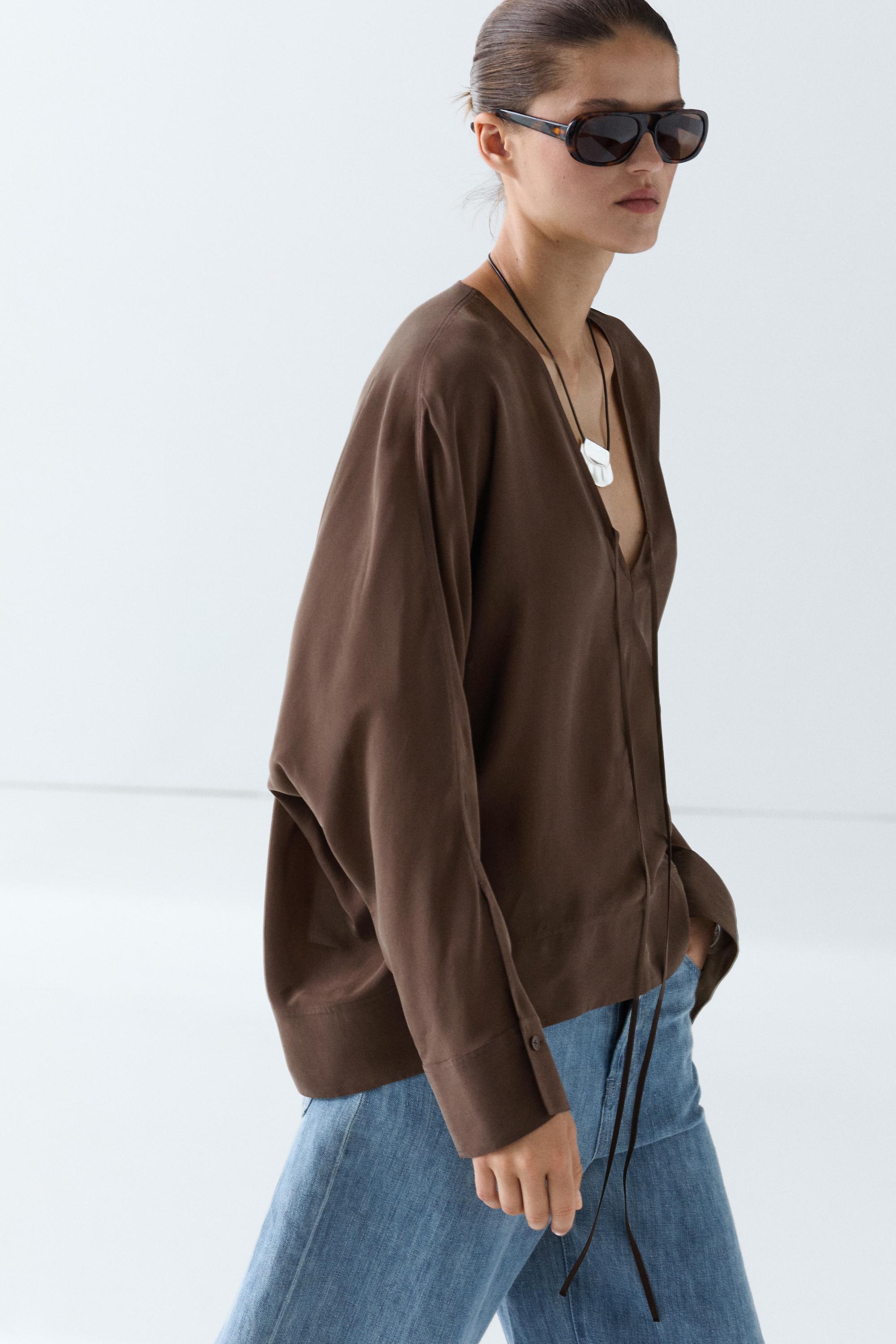 Fluid V-neck tie-front blouse — BROWN