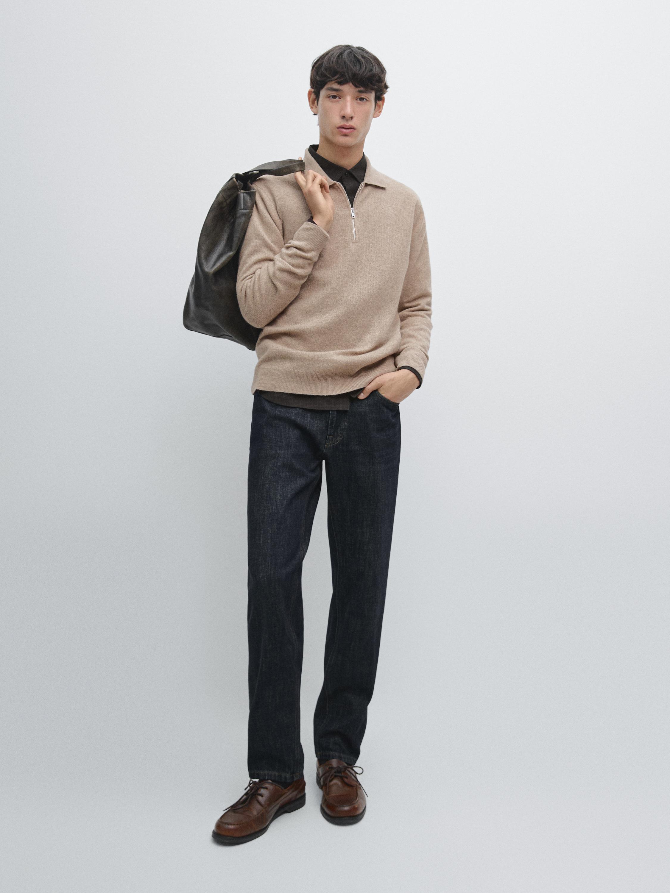 Knit wool blend polo sweater with zip