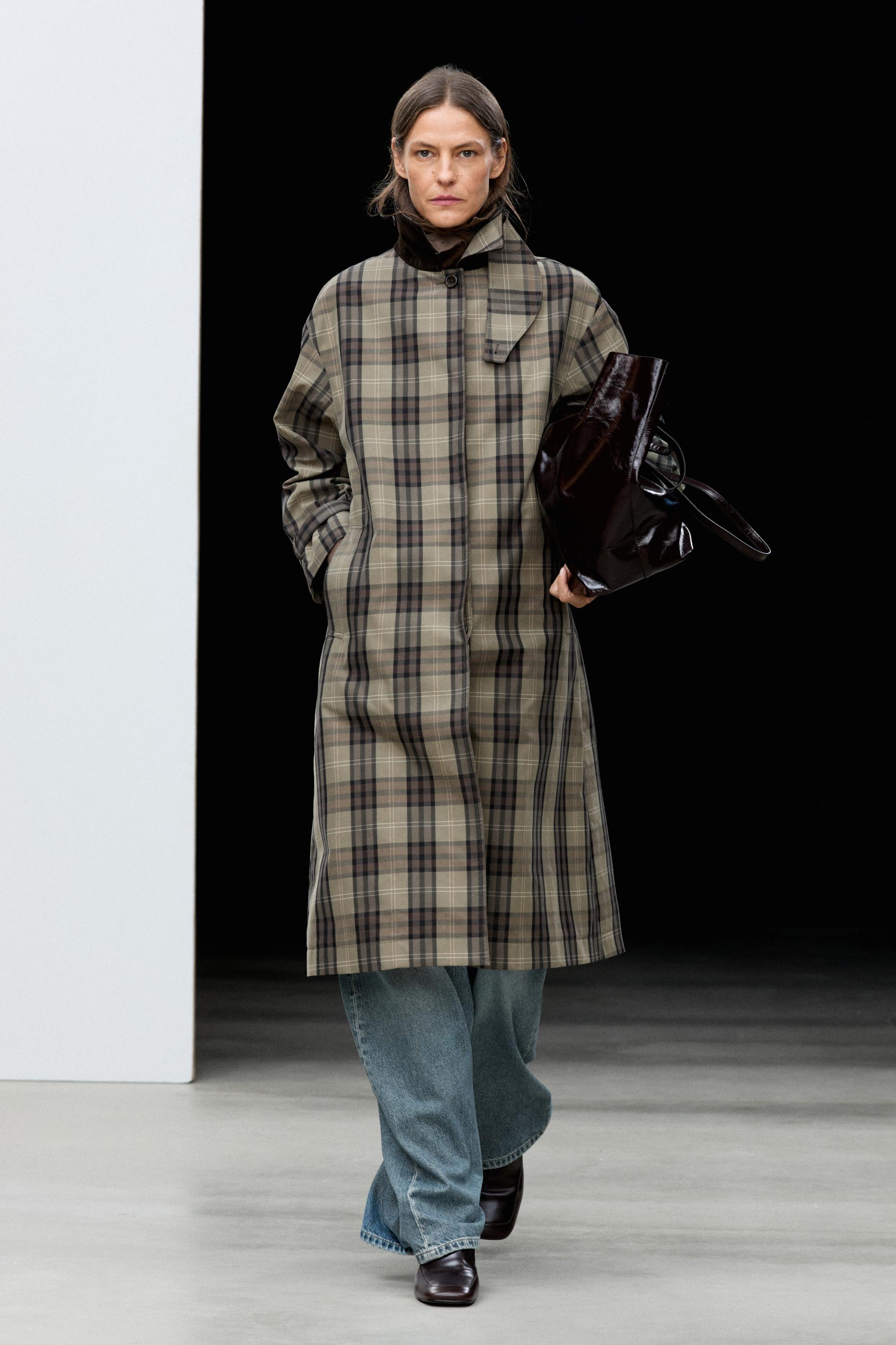 Long cotton blend plaid trench coat