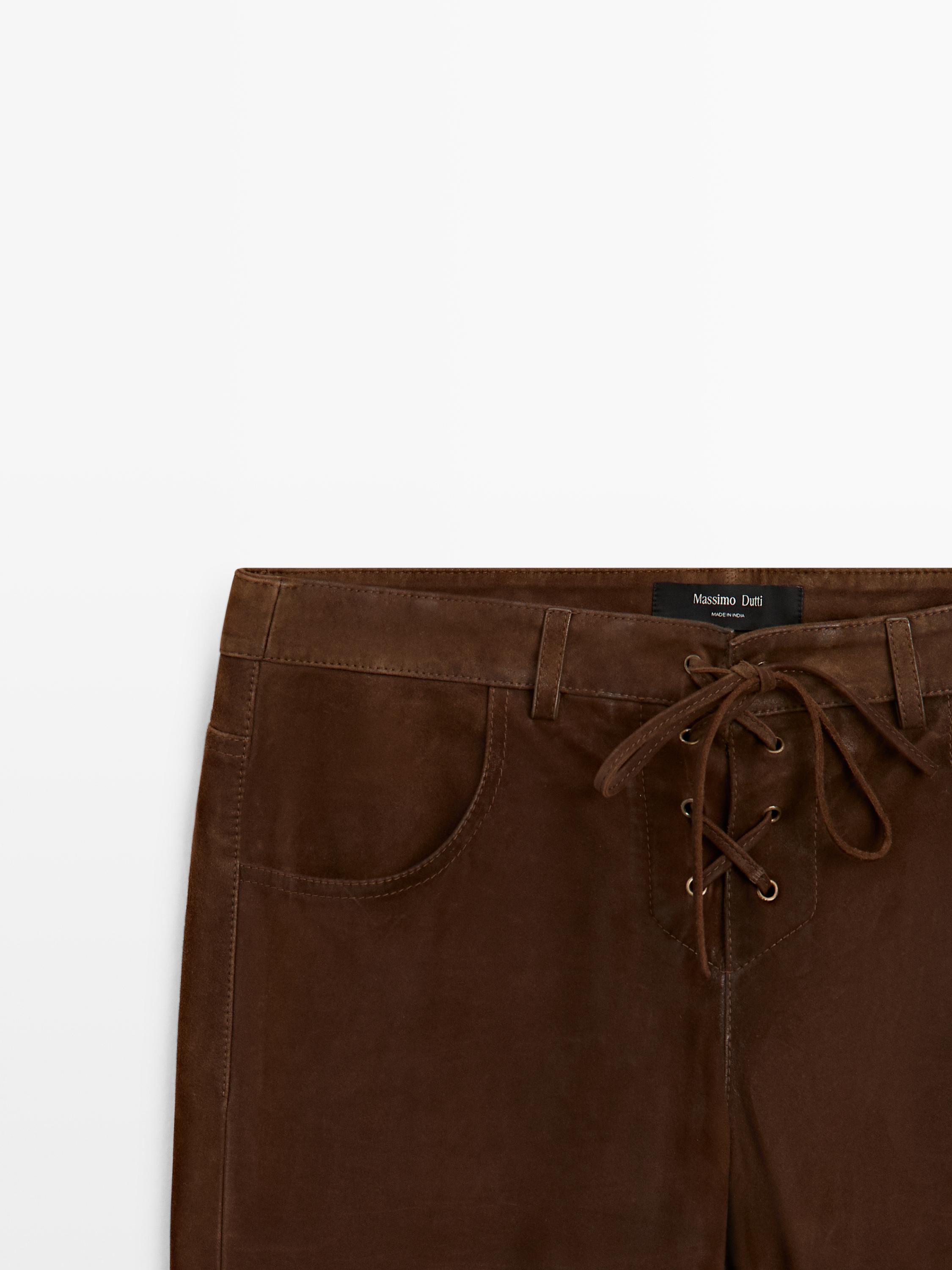 Cropped suede leather trousers with drawstrings — BROWN