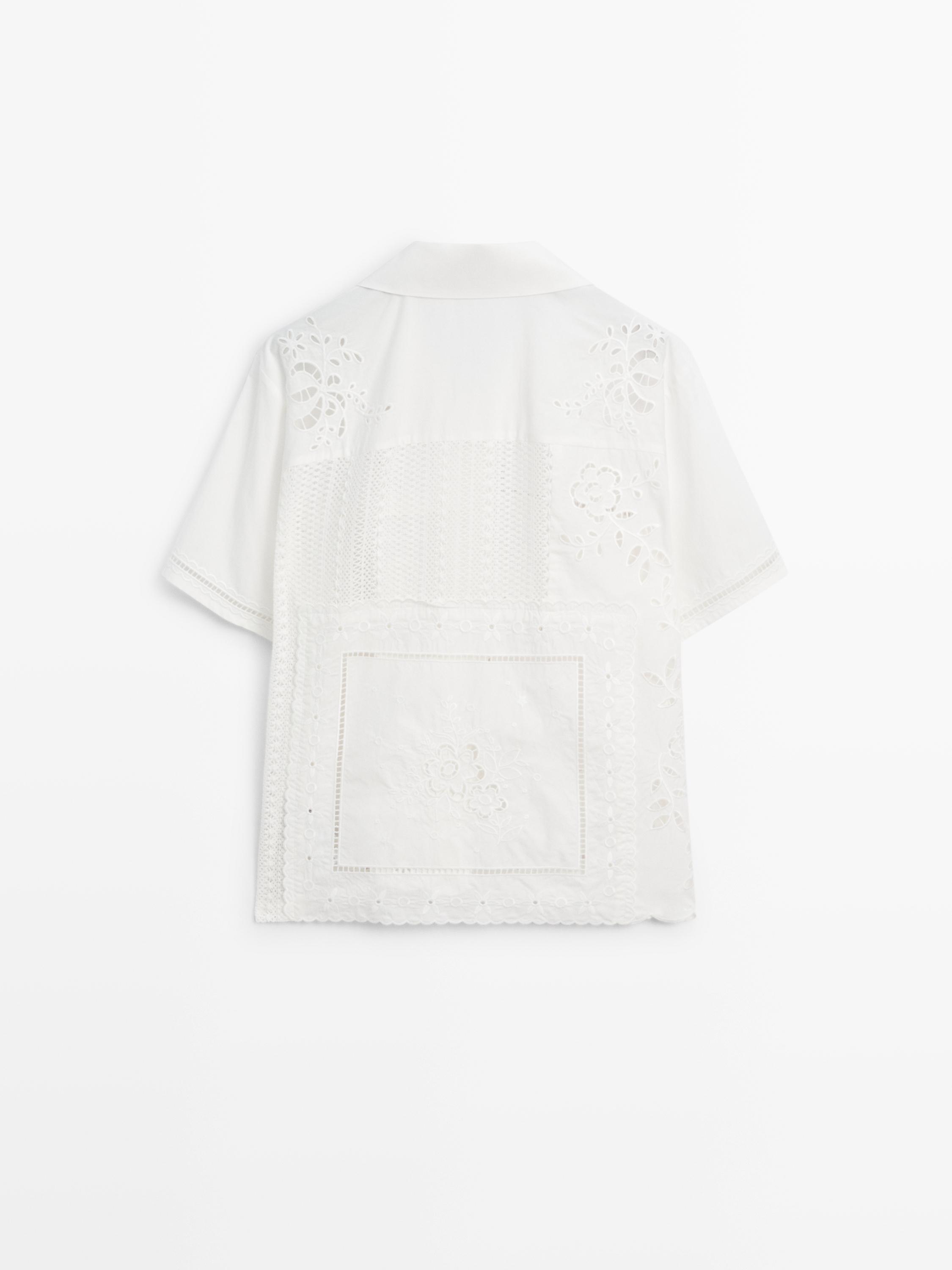 Embroidered short sleeve patchwork shirt · White · Shirts