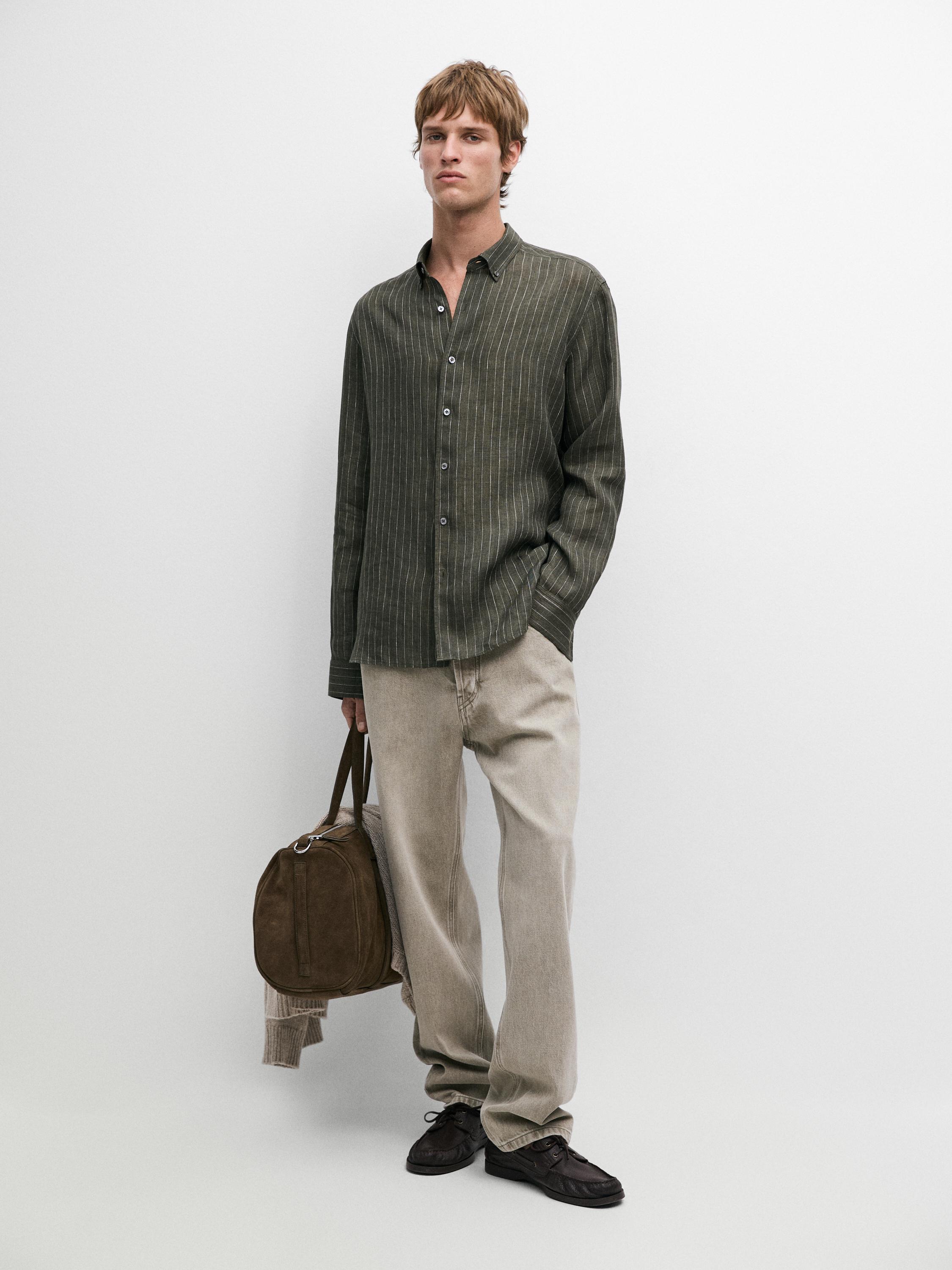 100% linen regular fit striped flowing shirt — GREEN MARL