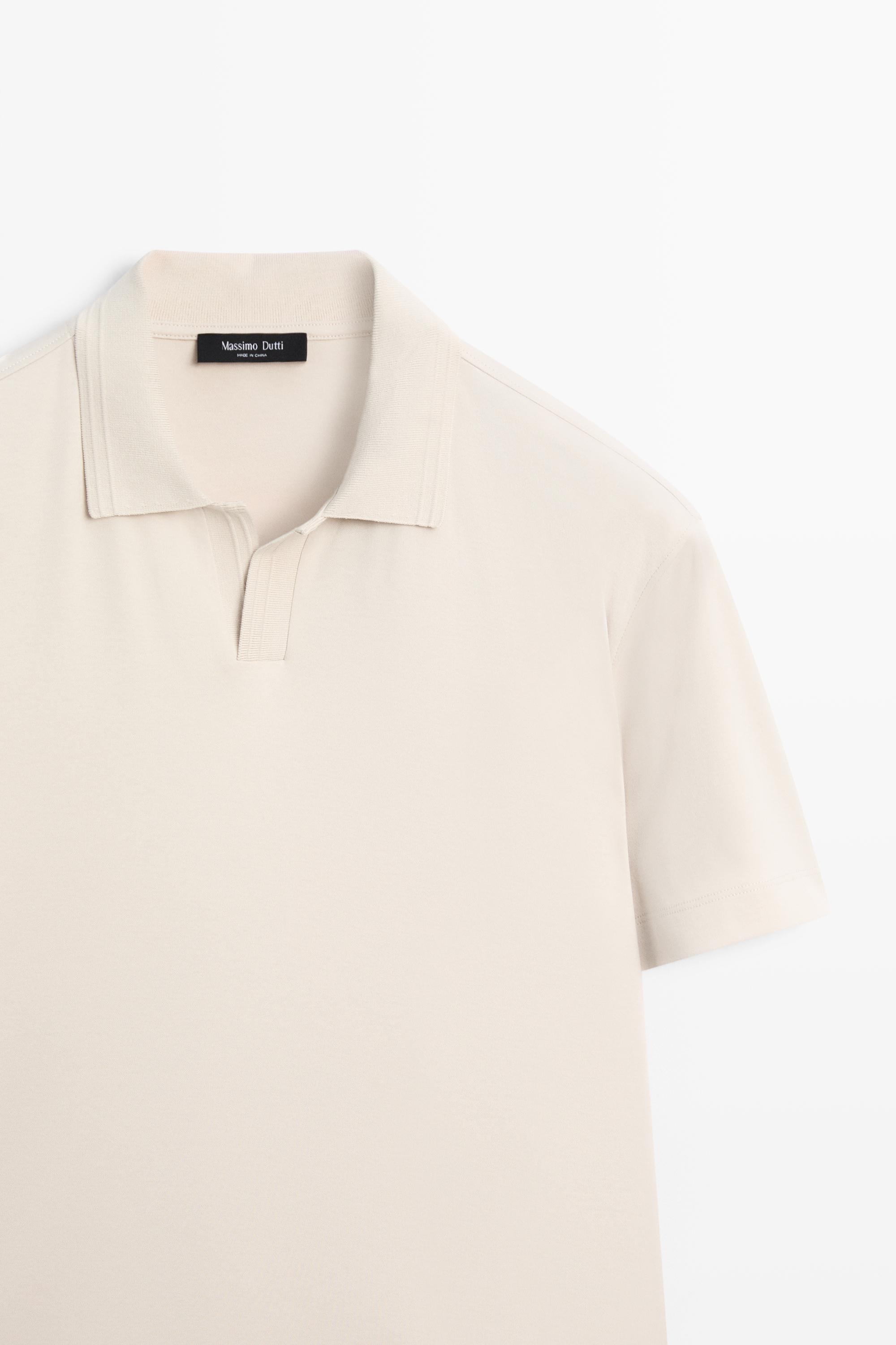 100% cotton V-neck knit polo — STONE