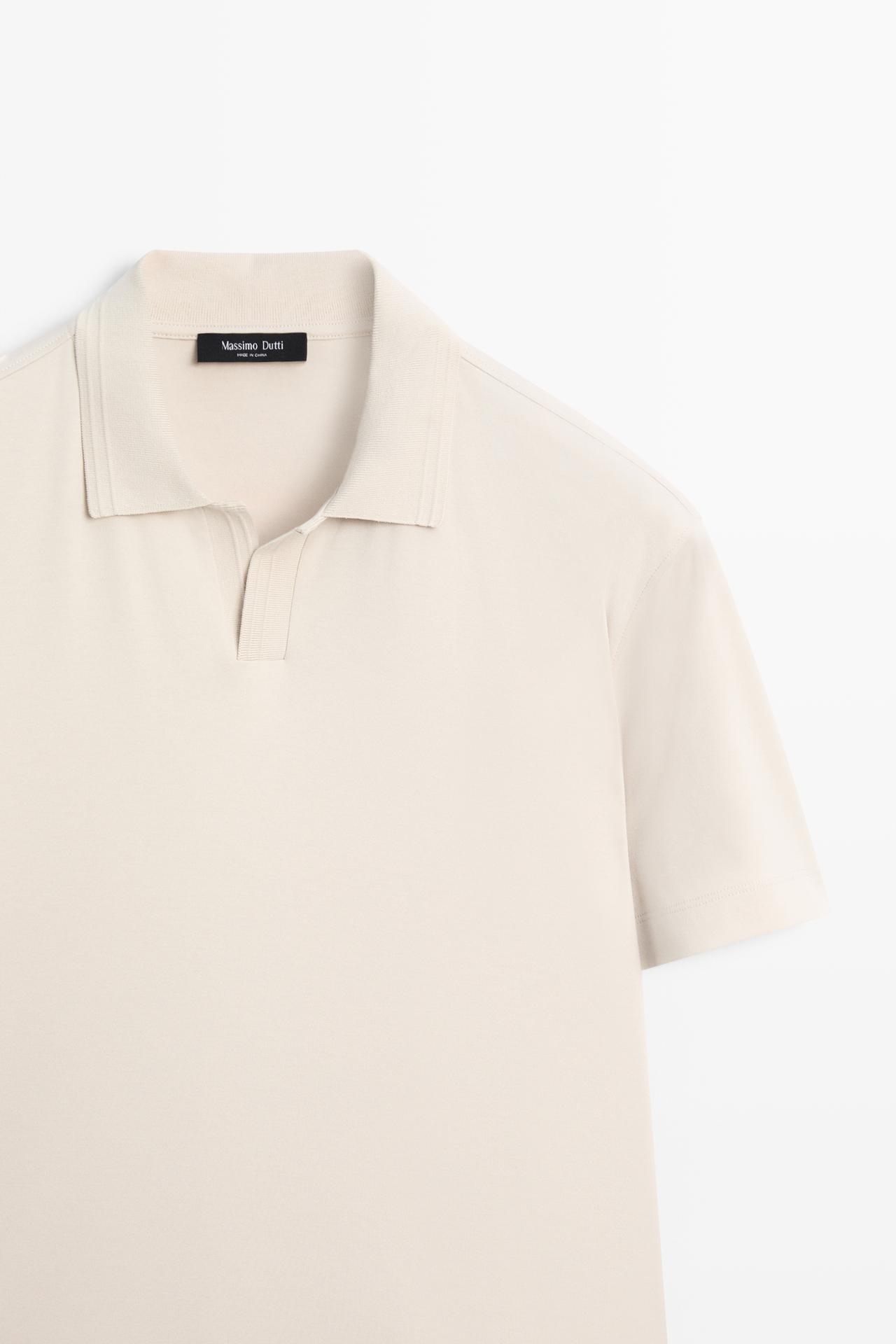 100% cotton V-neck knit polo — STONE