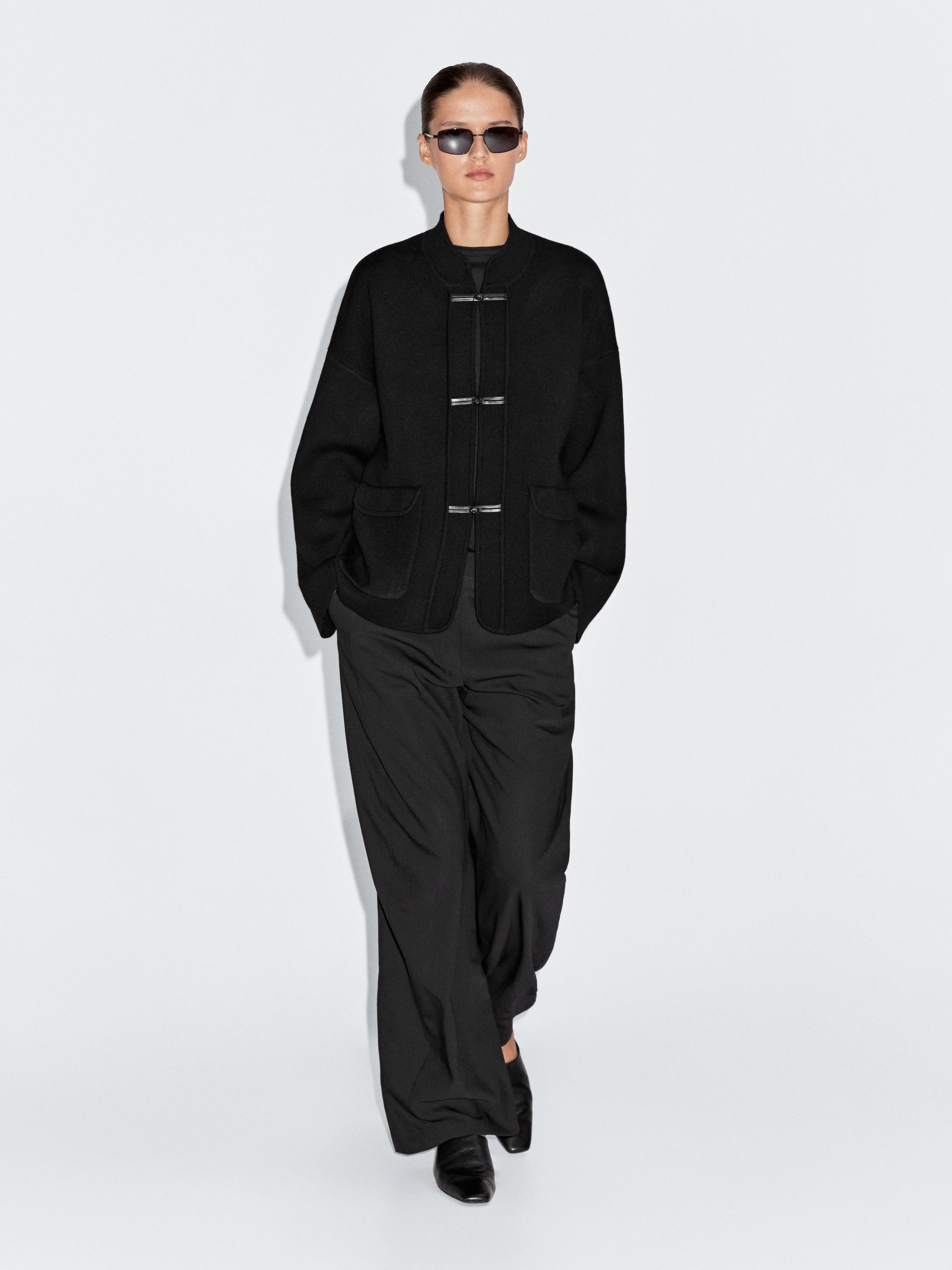 Wool blend knit cardigan with stand collar