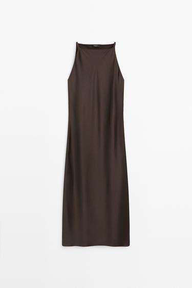 Satin flowing midi dress — BROWN 2