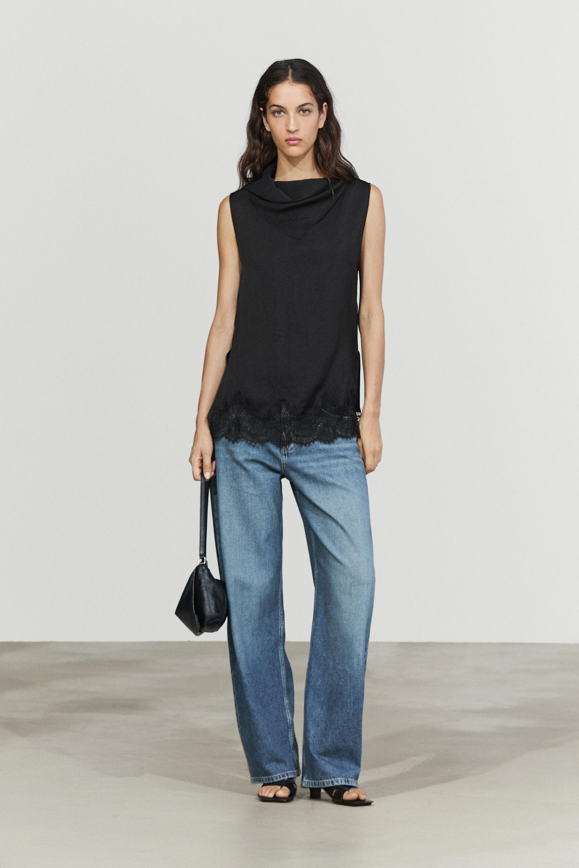 Flowing lace-detail top — BLACK
