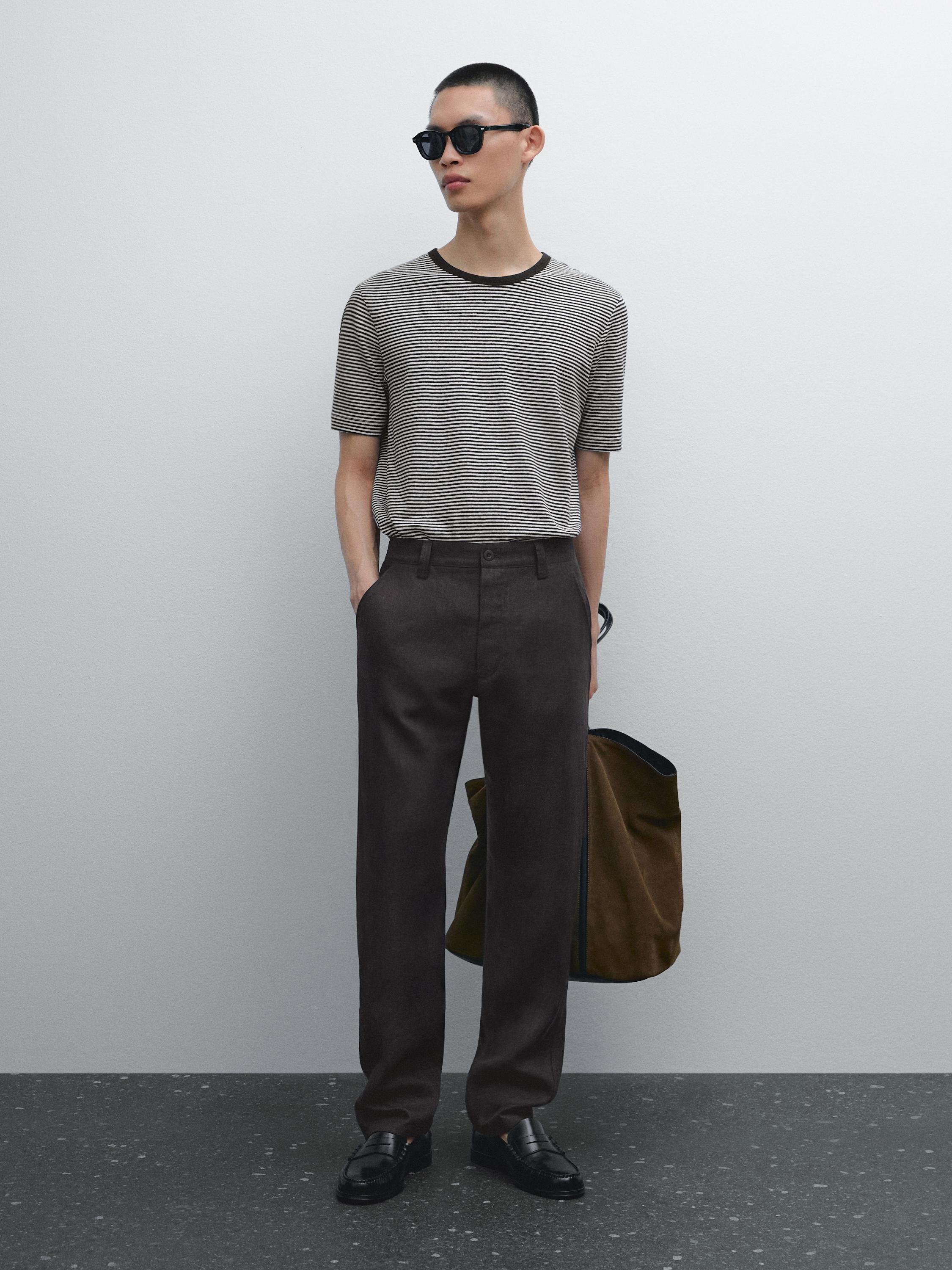 Khaki Massimo Dutti Basic T Shirt Striped Linen And Cotton T-shirt