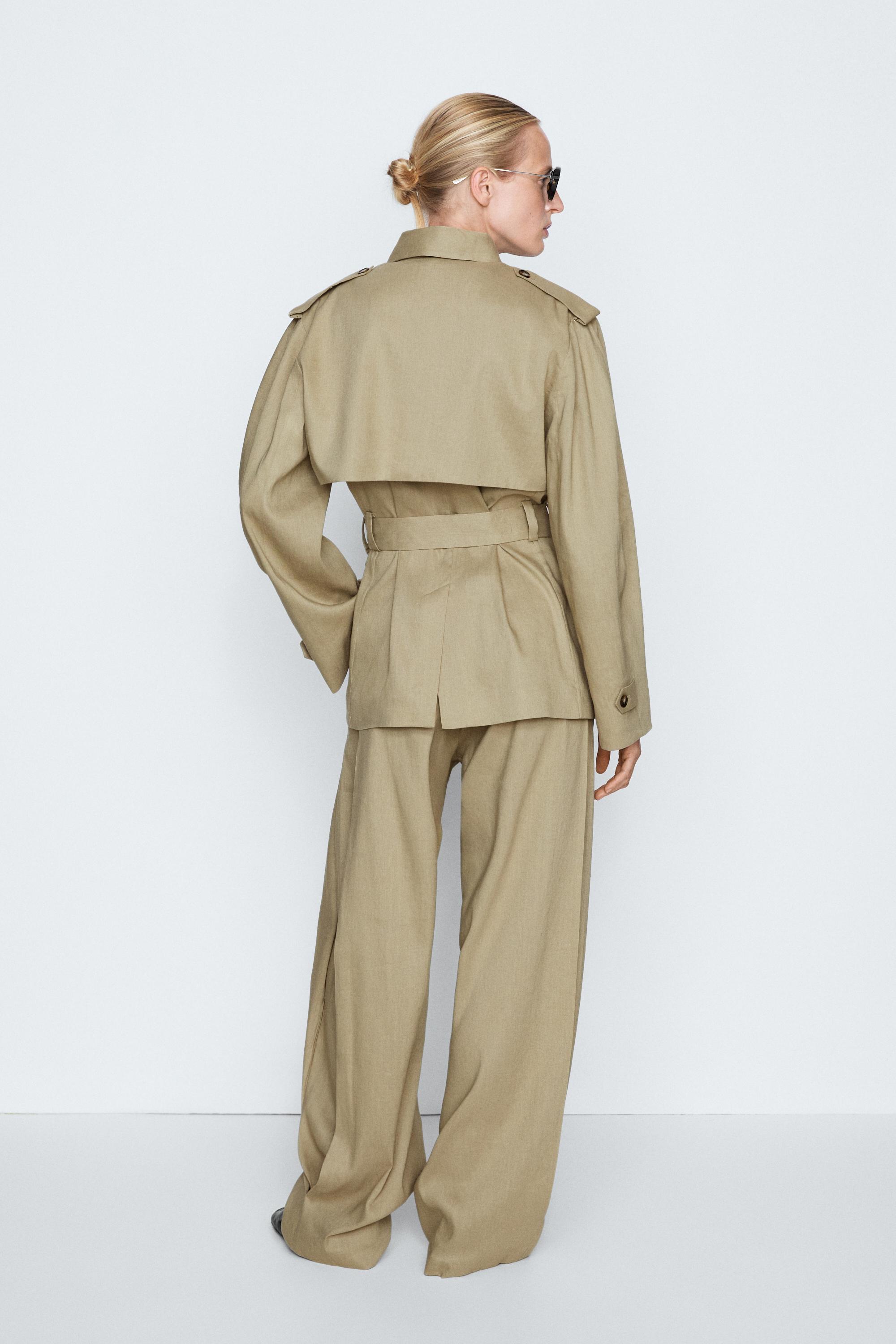 Linen blend short trench coat - STUDIO — PALE KHAKI