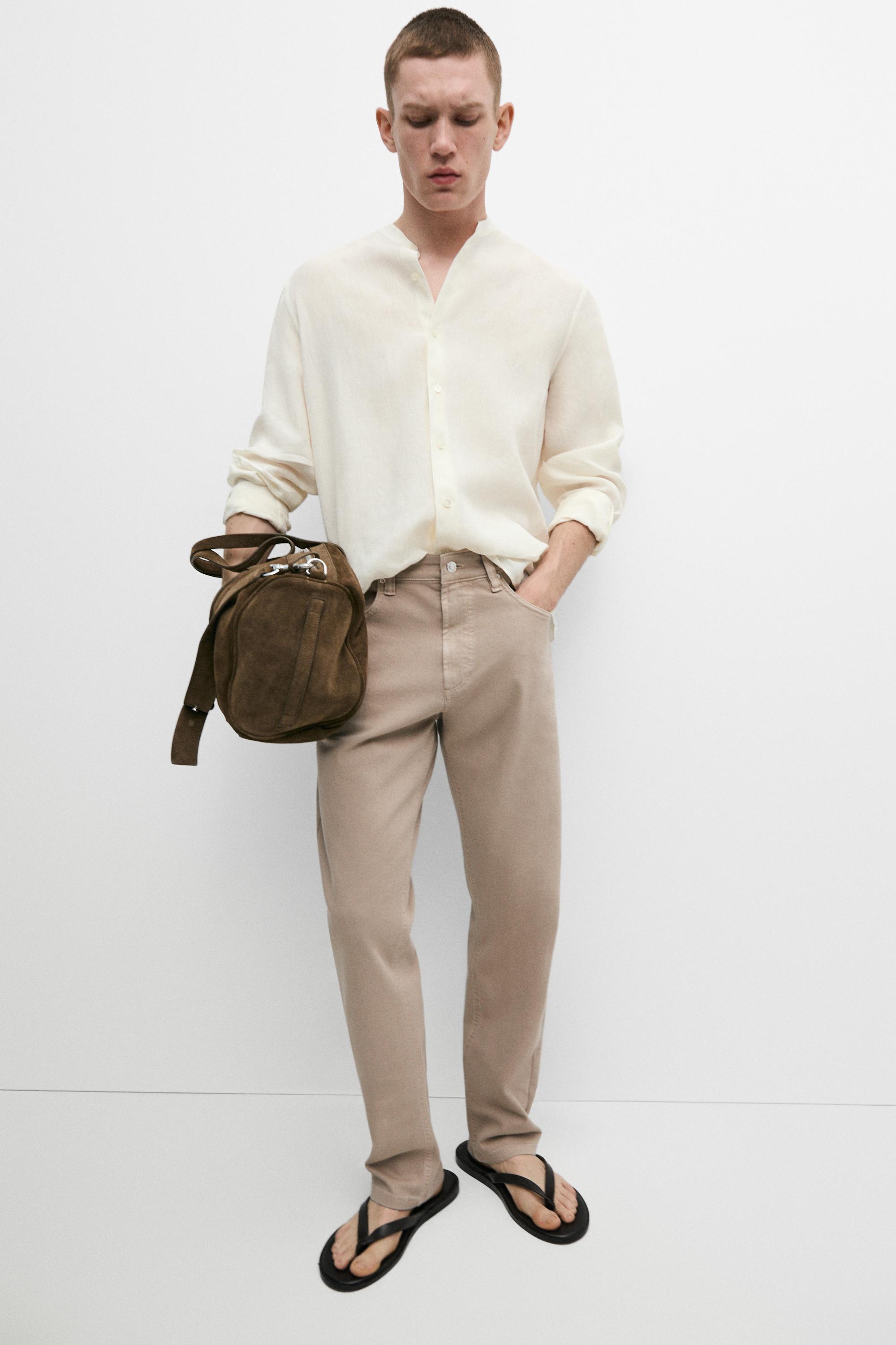 Lightweight tapered fit denim-effect trousers — MINK