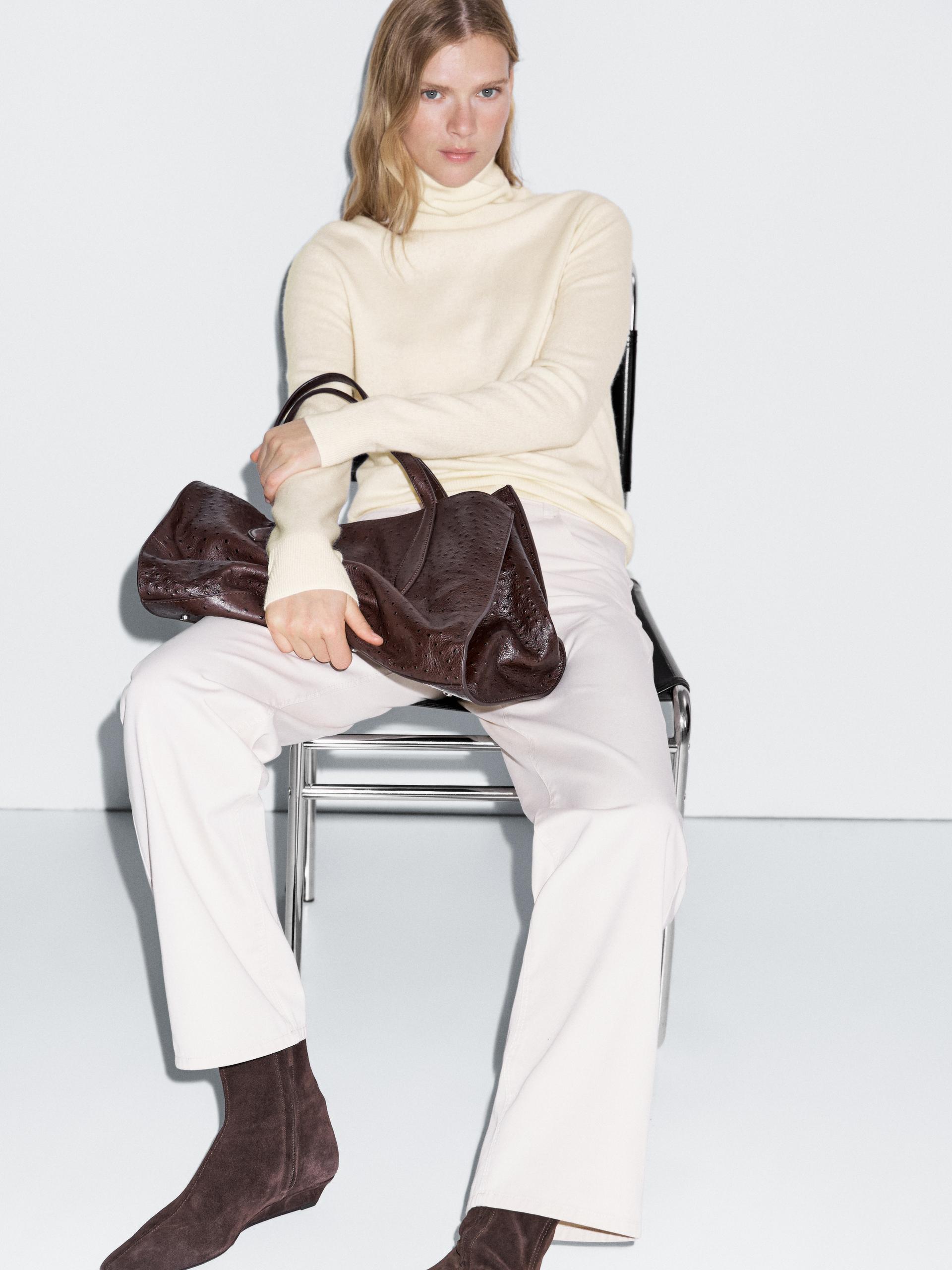 Camisola De Malha De Gola Alta Em Mistura De Fazenda - Cru - M - Massimo Dutti - Mulher