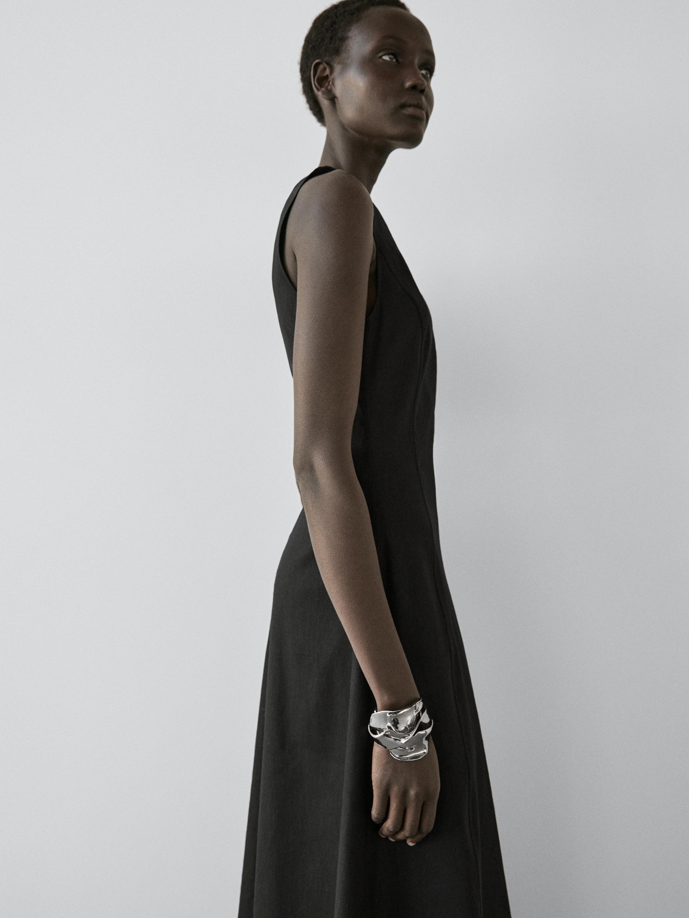 massimo dutti black dress Long Flowing Linen Blend Dress - Black - 2 - Massimo Dutti
