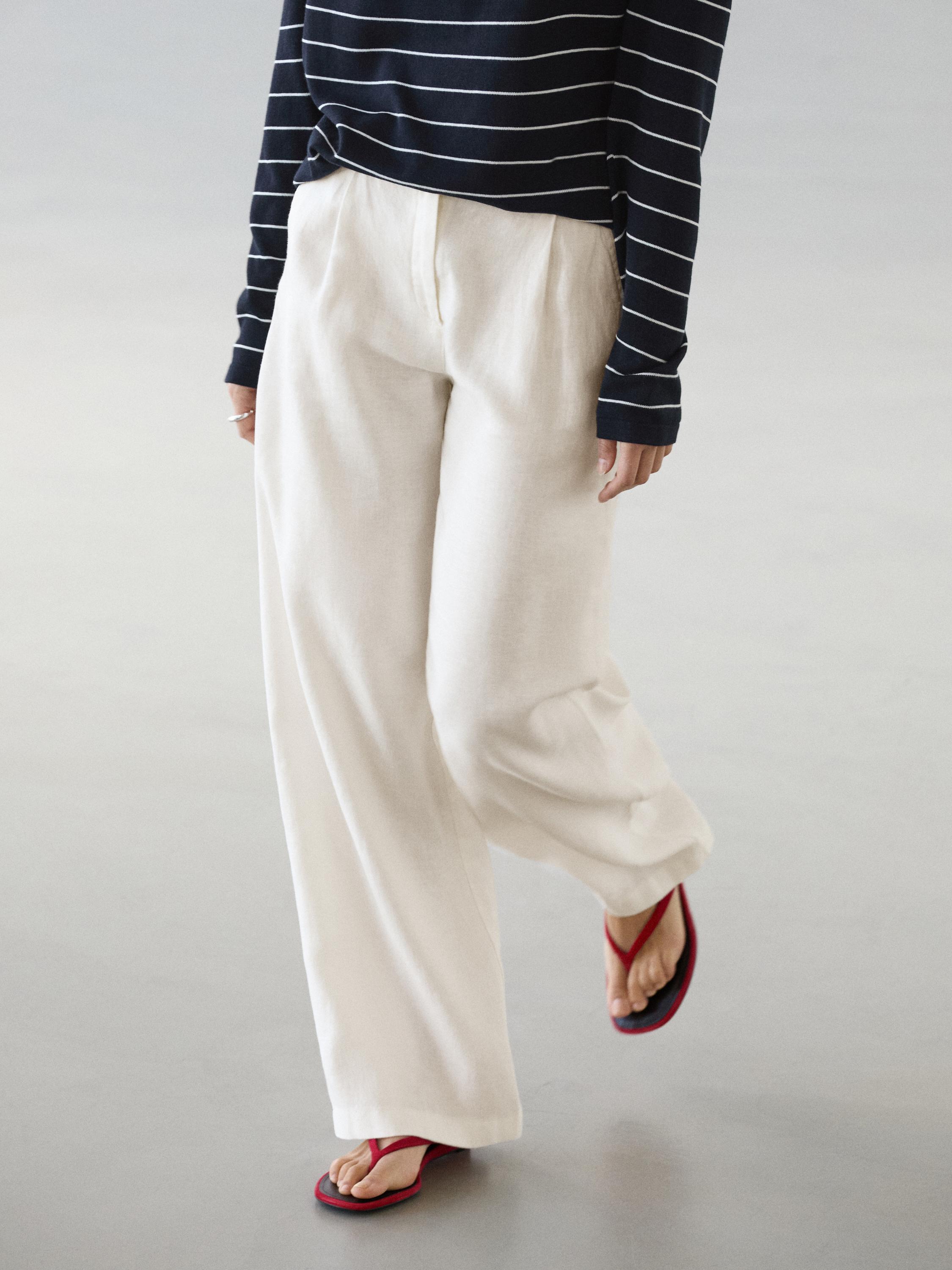 100% linen wide-leg elasticated trousers — Off white