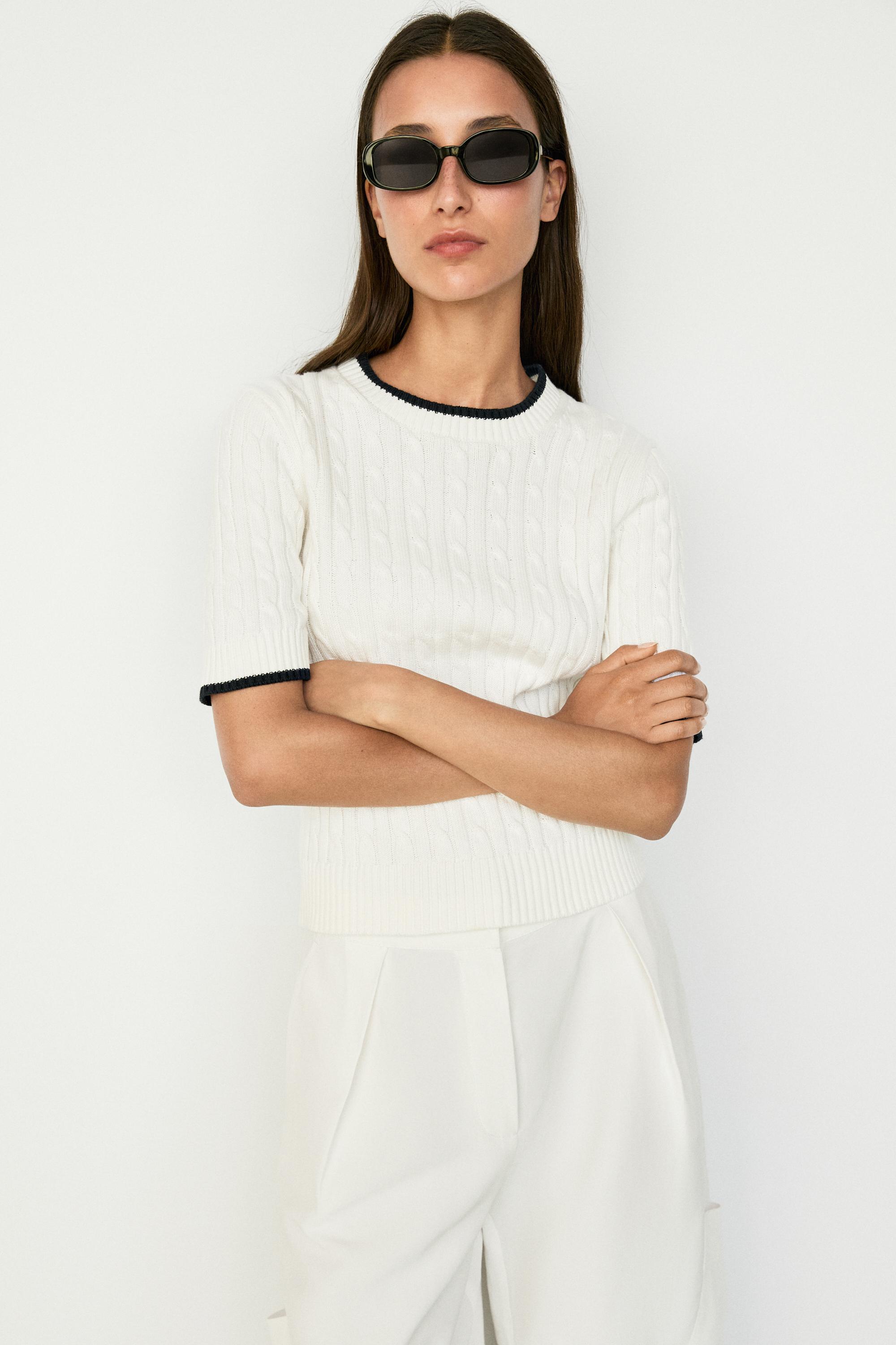 Short sleeve cable-knit sweater — WHITE