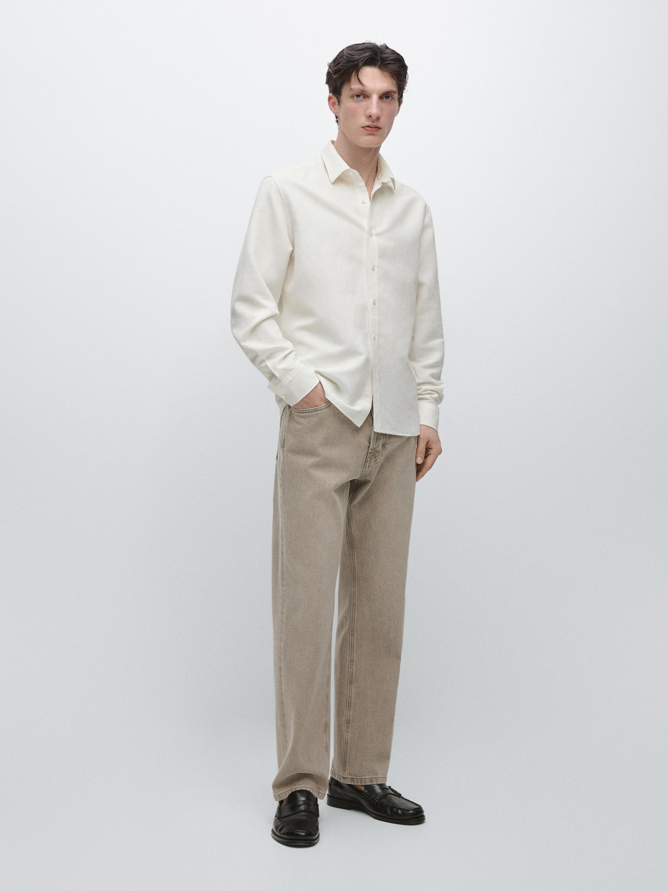 Regular fit linen blend shirt — CREAM