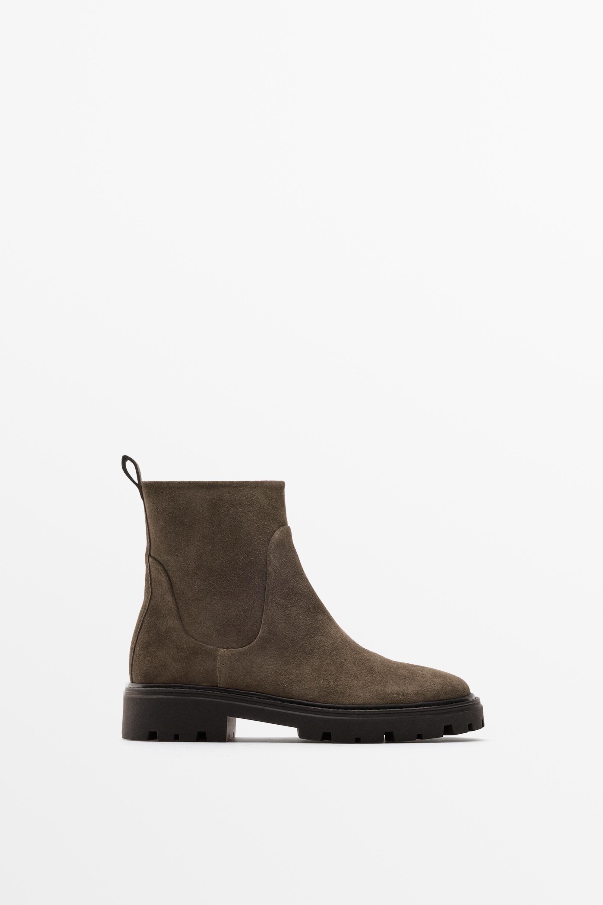 Flat split suede leather ankle boot with track sole