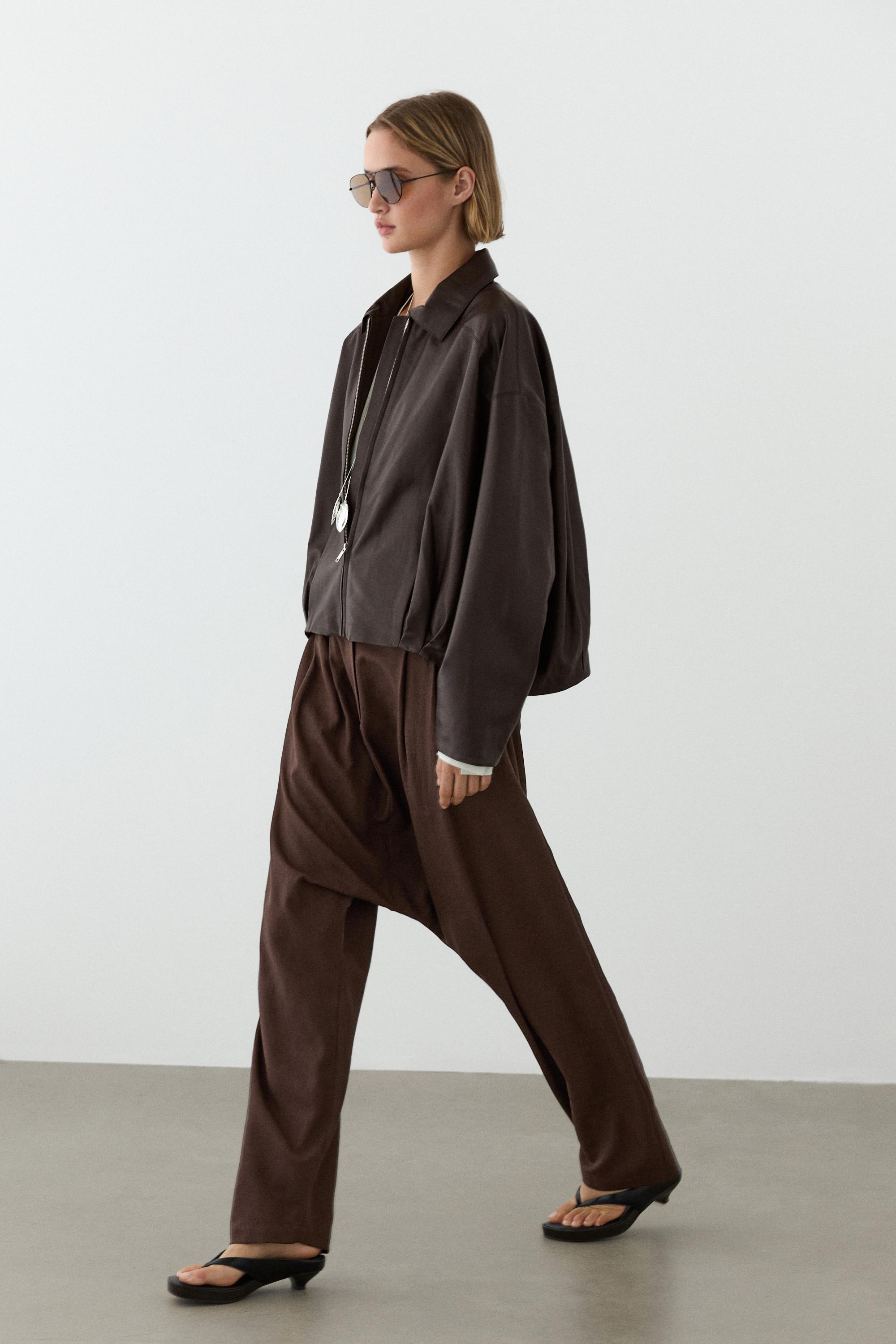 Nappa leather bomber jacket with pleat detail — BROWN