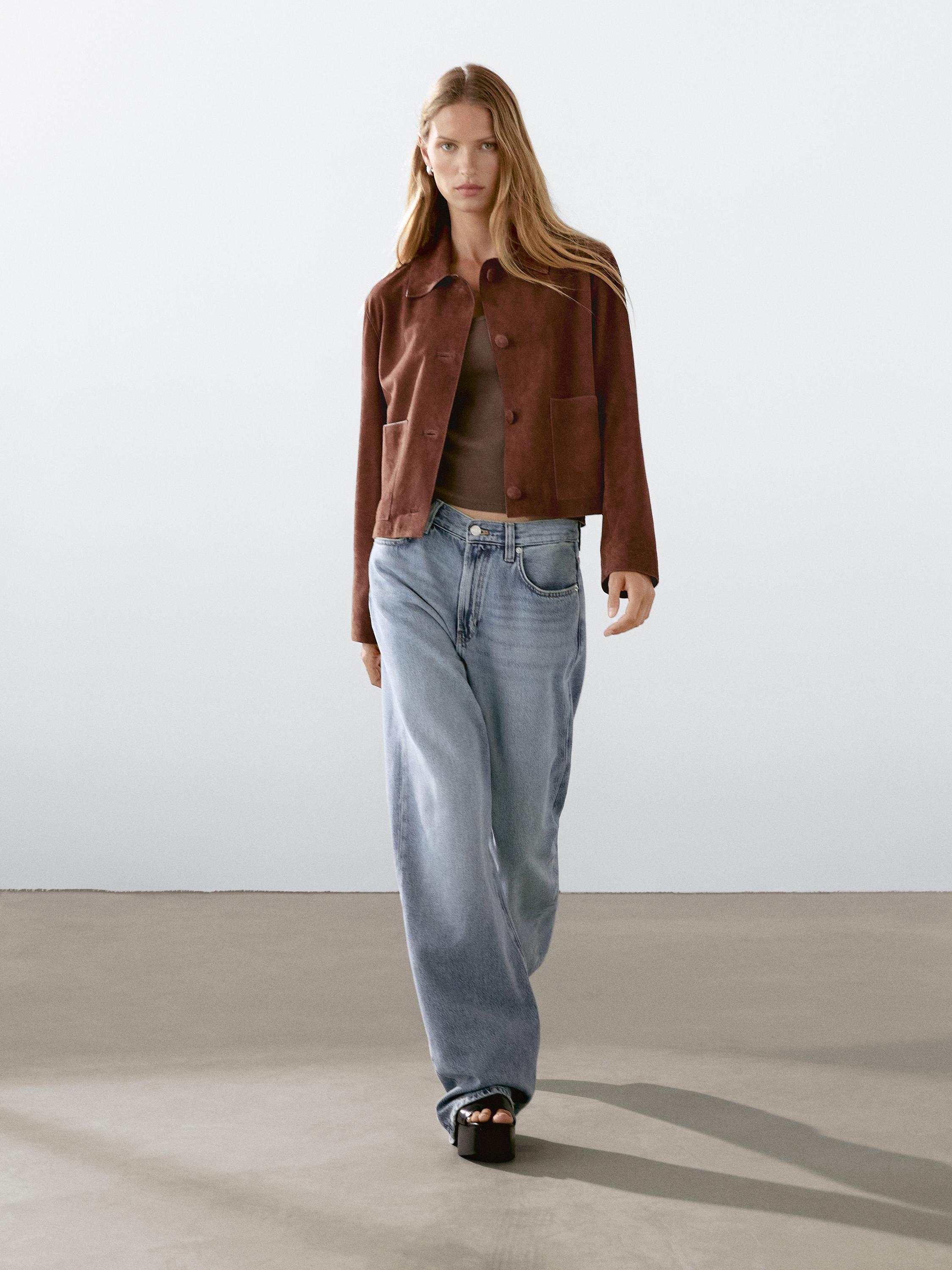 Cropped suede leather-lined jacket with buttons