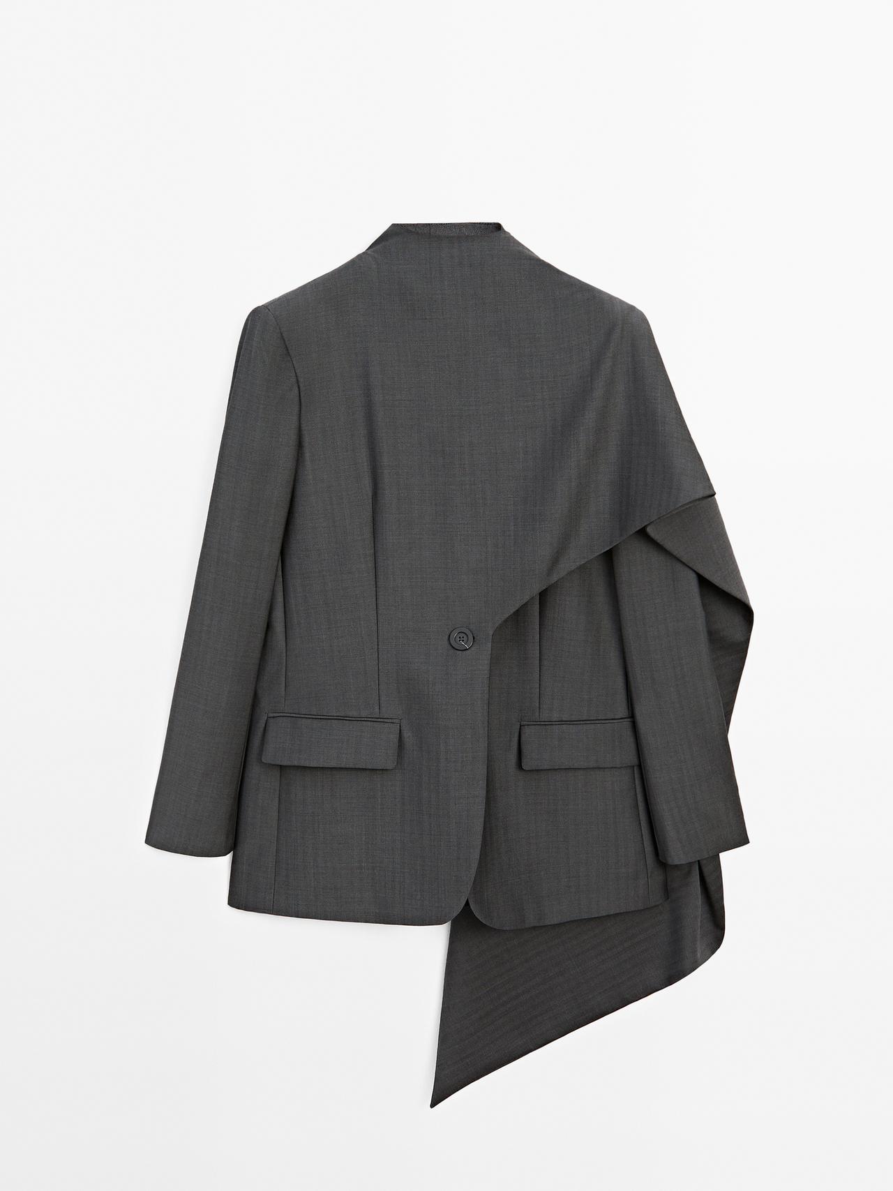 Massimo Dutti - Dame - Blazer I 100% Uld Med Tørklæde - Studio - Grå - Xs