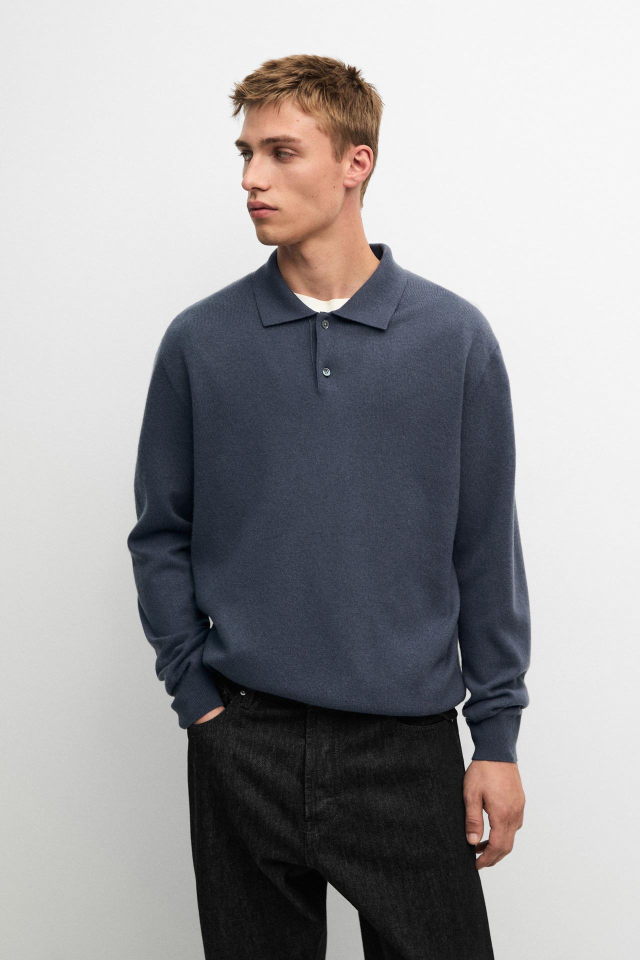 Wool blend knit polo sweater — DARK BLUE