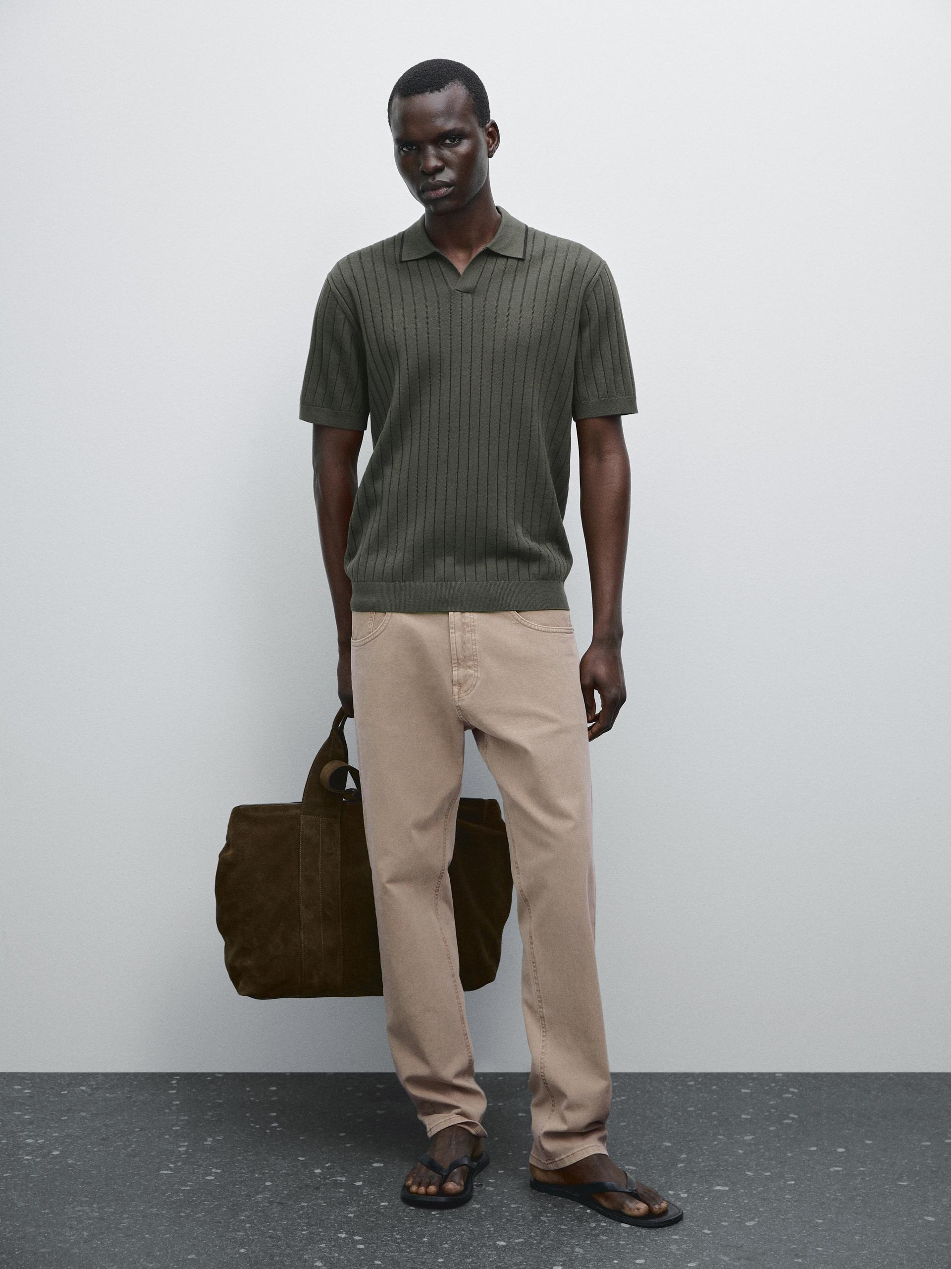 Koszulka Polo Z Prążkowanej Dzianiny - Ciemny Khaki - S - Massimo Dutti - Mężczyzna