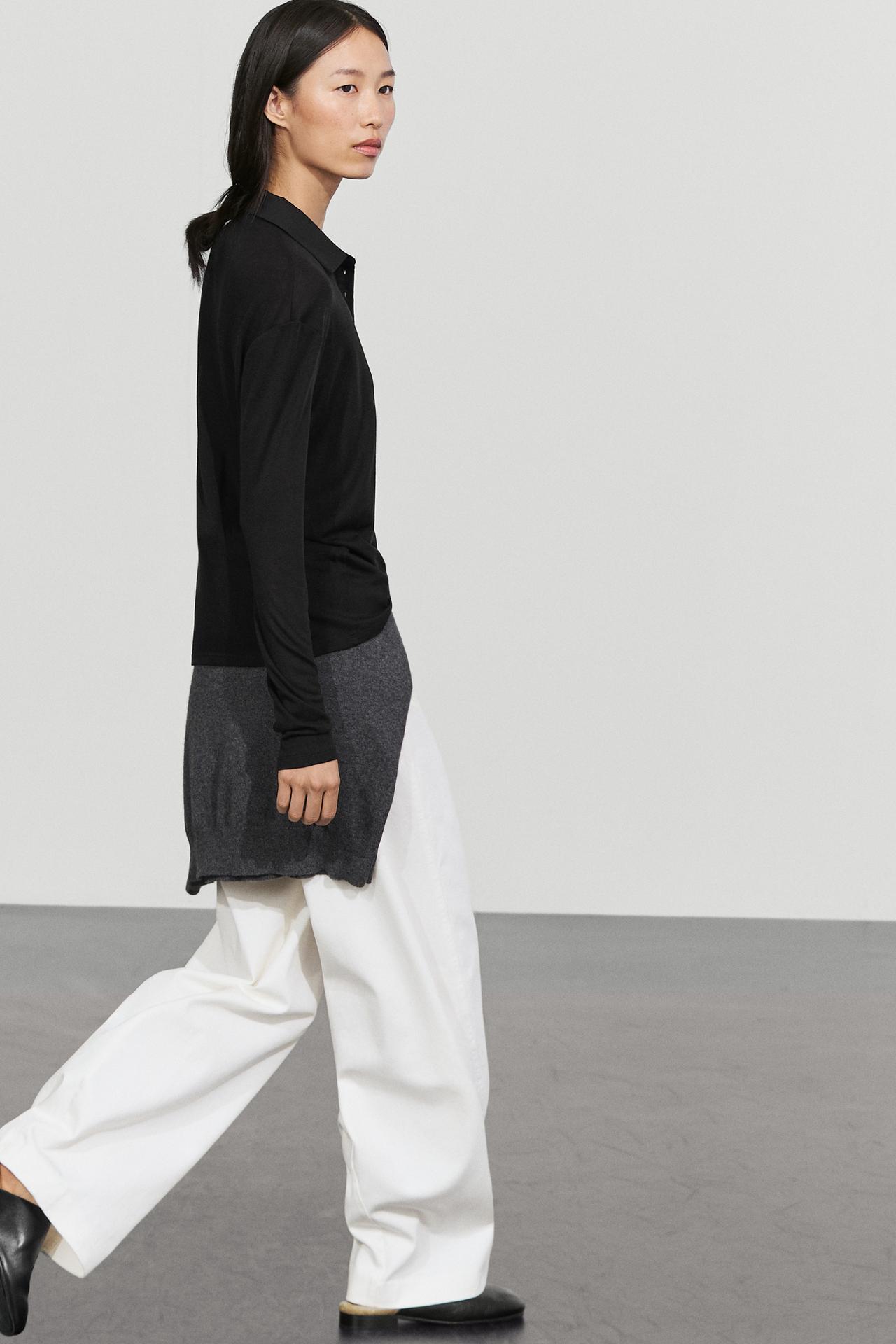Long sleeve wool polo shirt — BLACK