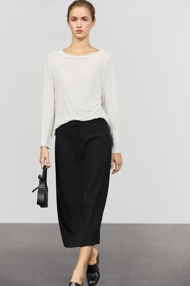 Straight wool blend midi skirt — DARK BLUE 8