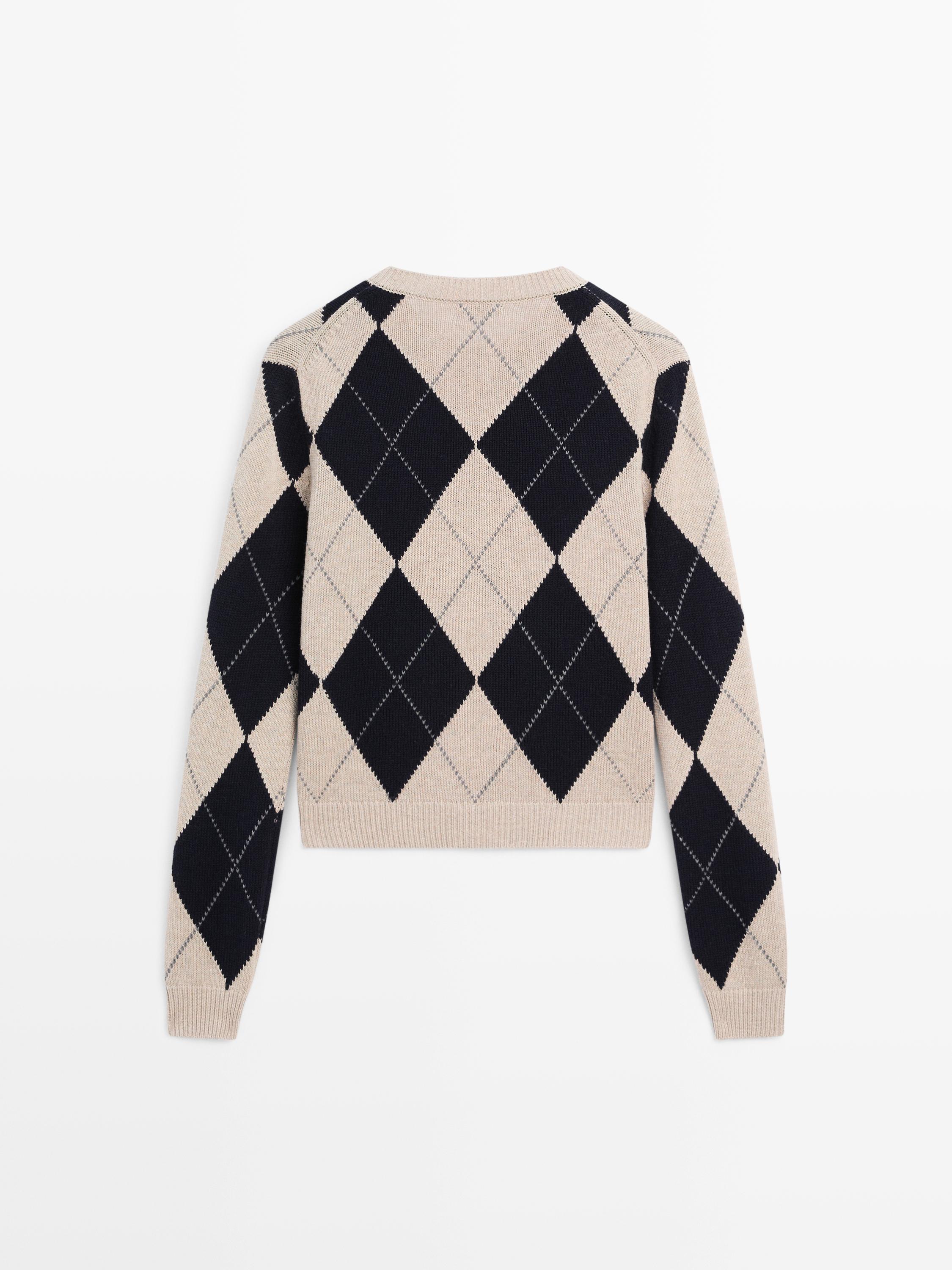 Cotton blend argyle knit cardigan · Navy Blue · Cardigan | Massimo