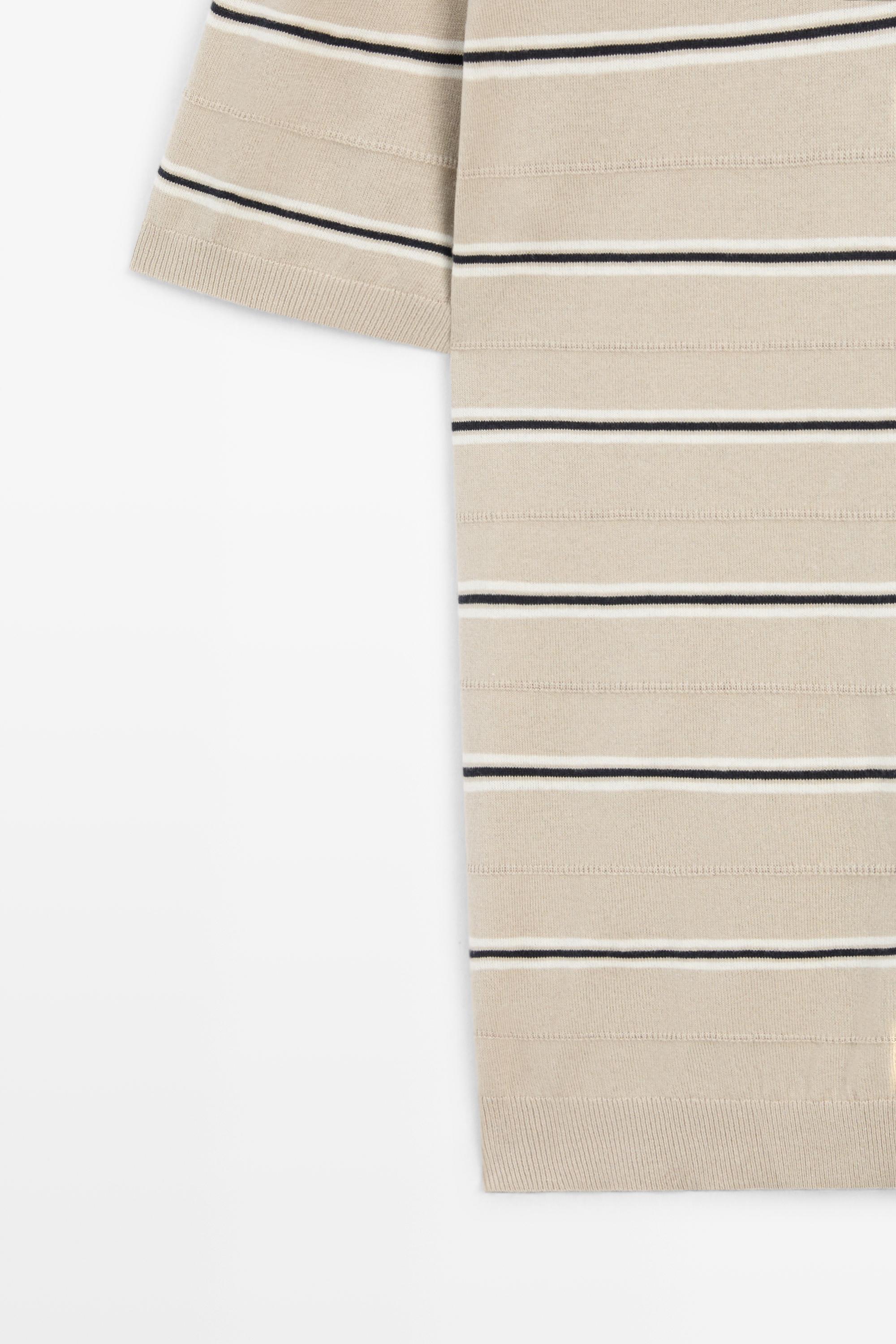 100% Cotton Striped Knit Polo Shirt — STONE