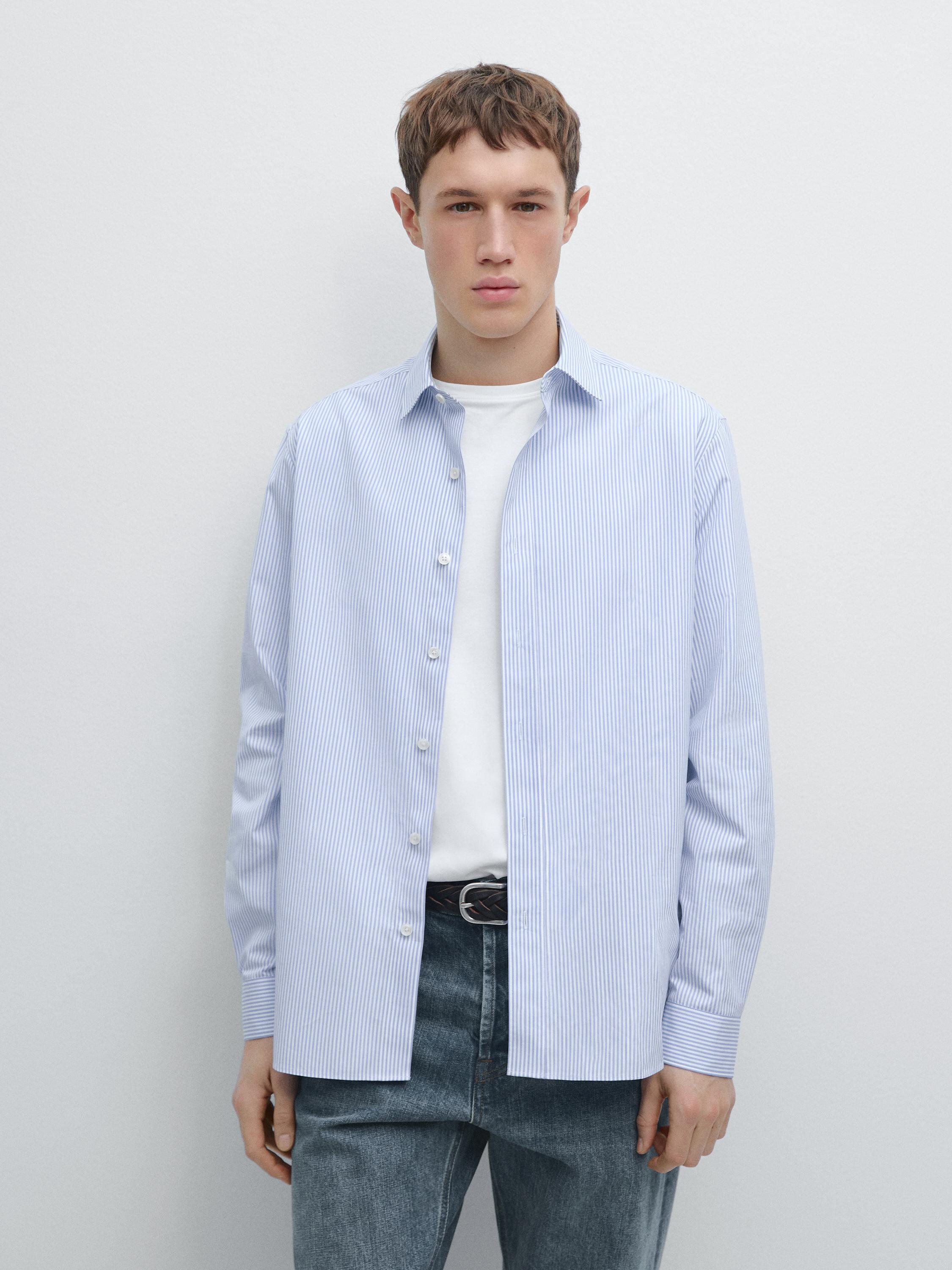 100% cotton regular fit striped shirt — SKY BLUE