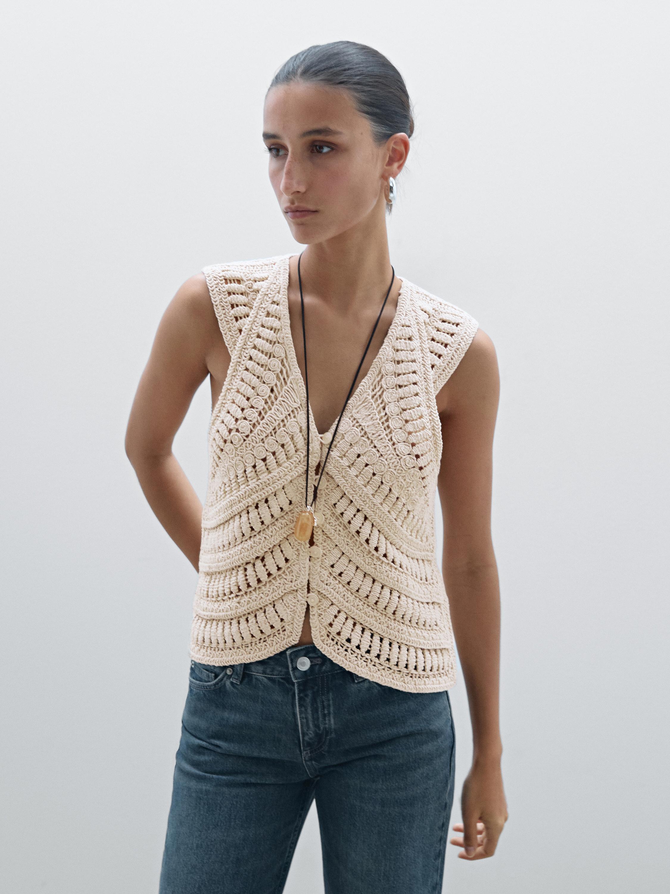 Embellished crochet knit vest