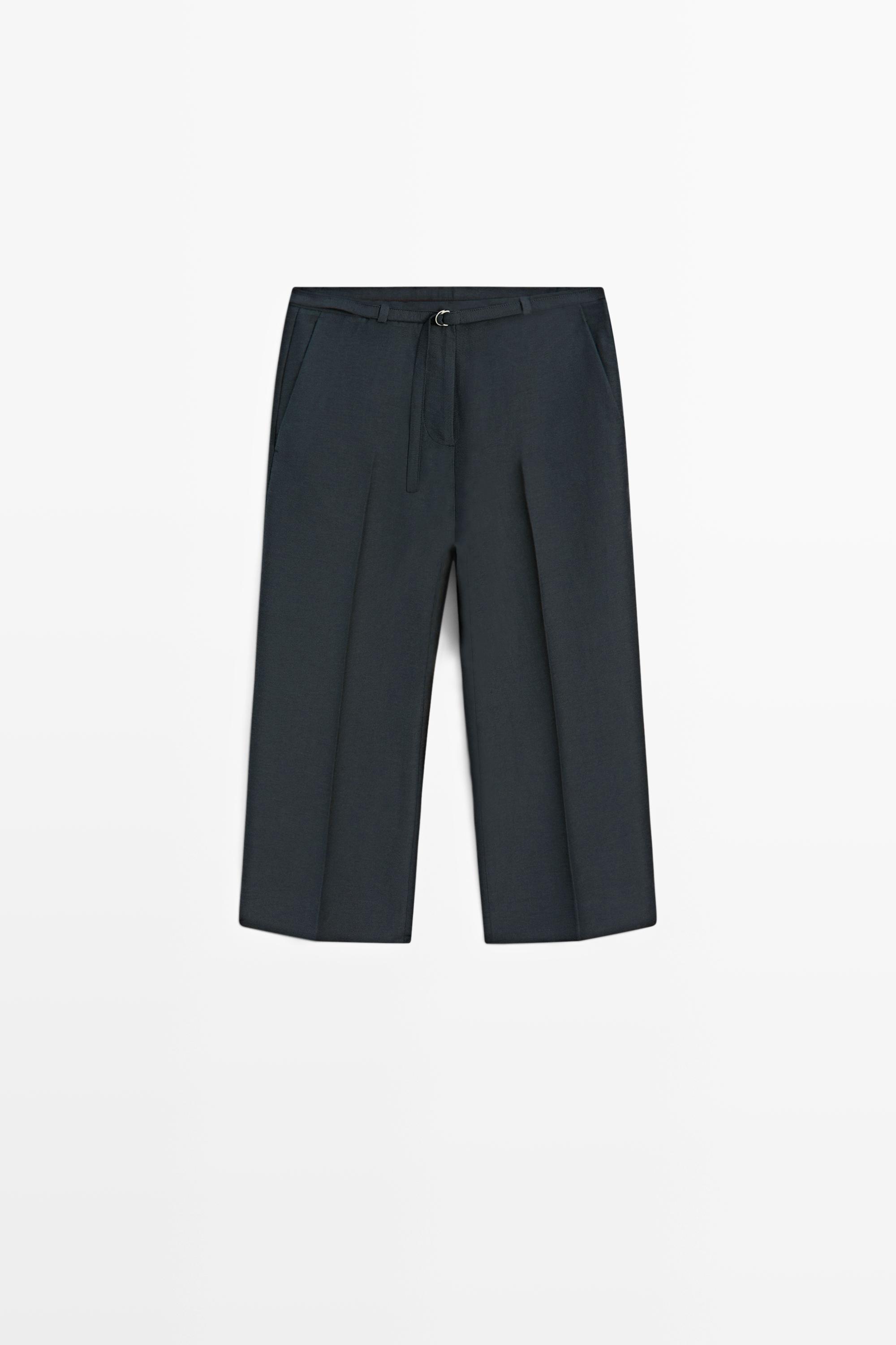 Flowing cotton and linen blend Bermuda shorts with belt — NAVY BLUE