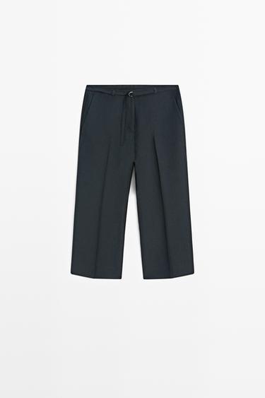 Flowing cotton and linen blend Bermuda shorts with belt — NAVY BLUE 2