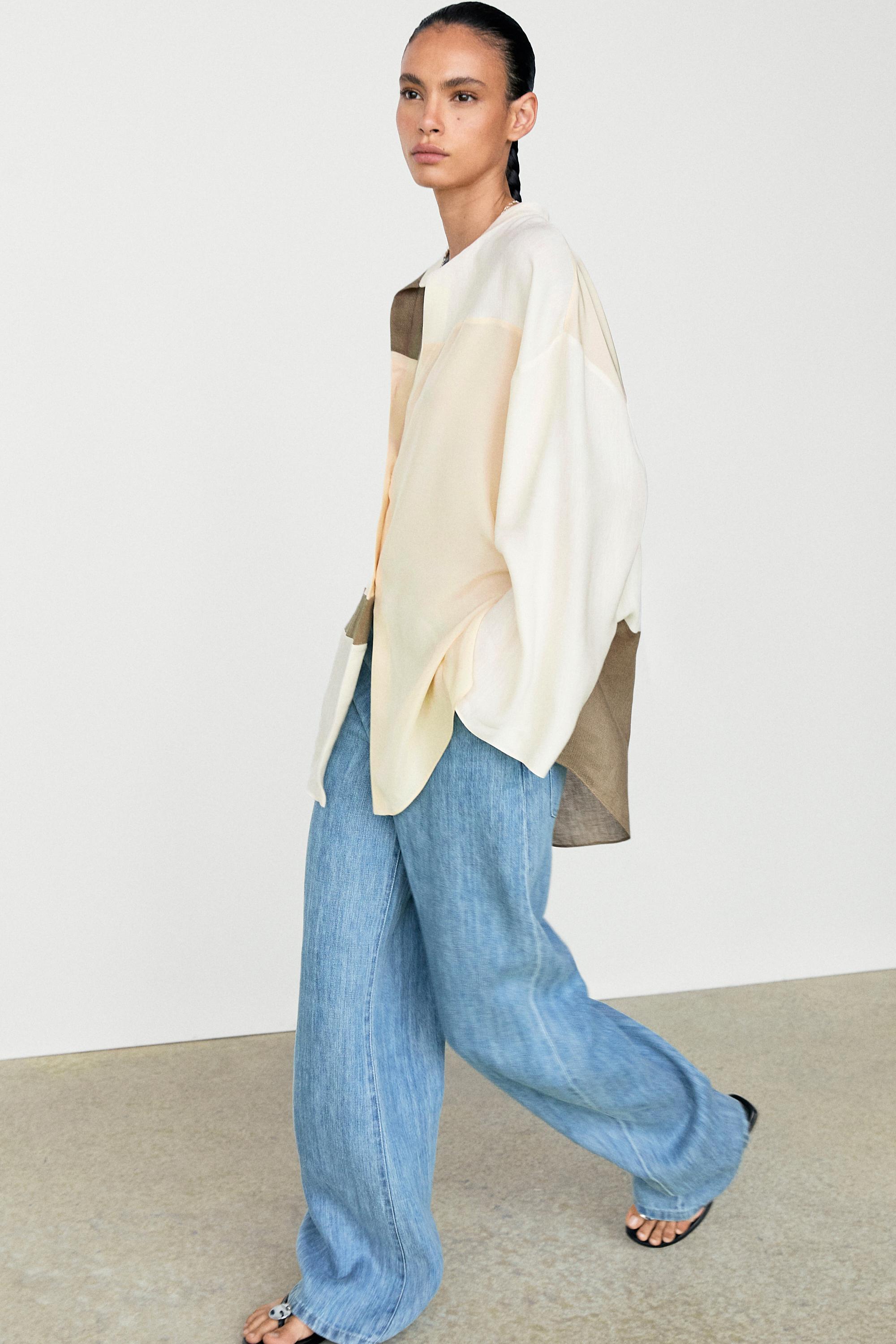 Flowing patchwork shirt with stand-up collar — CREAM