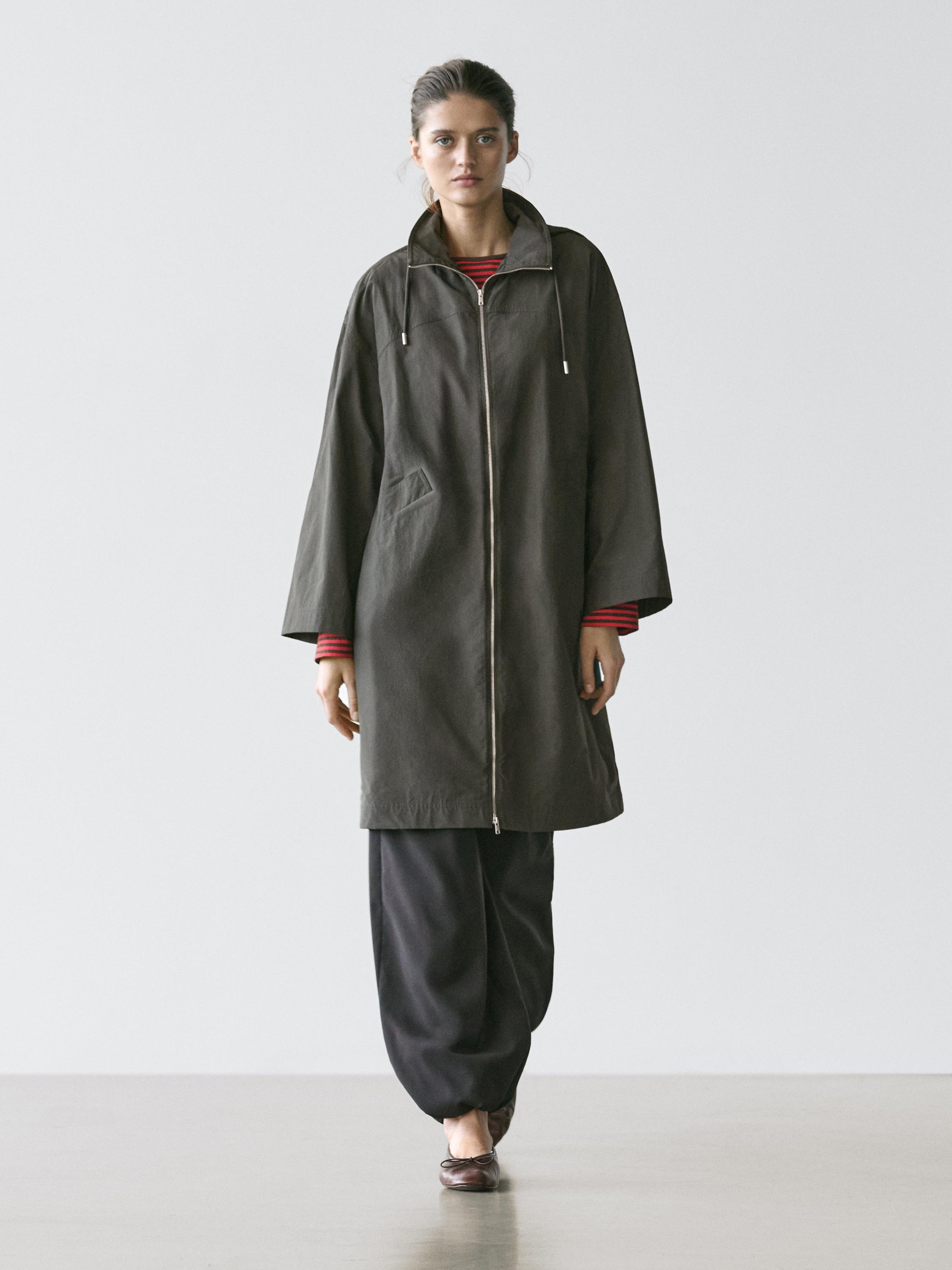 Technical fabric trench coat with hood — BOTTLE GREEN