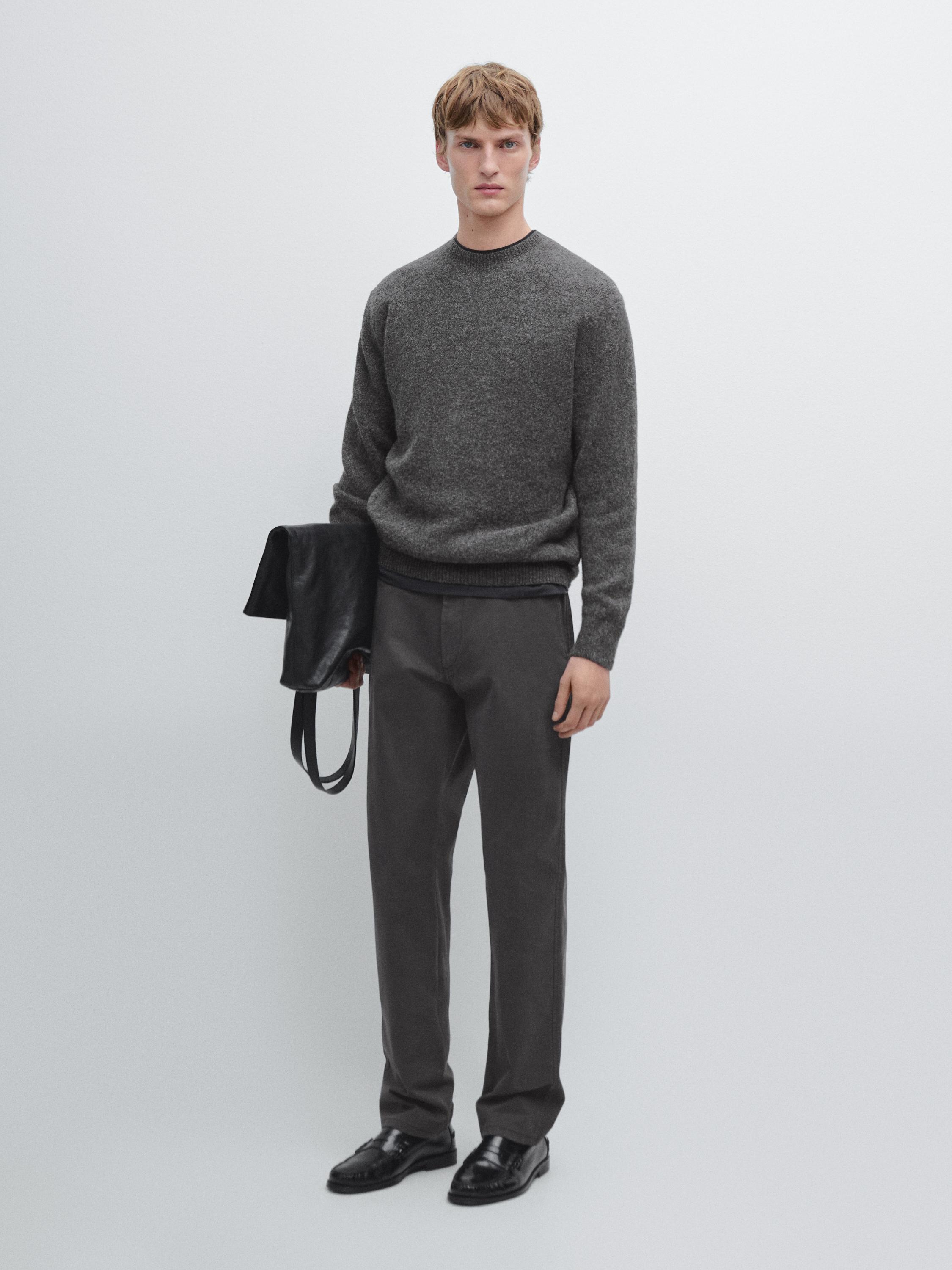 Knit cotton and wool sweater with crew neck