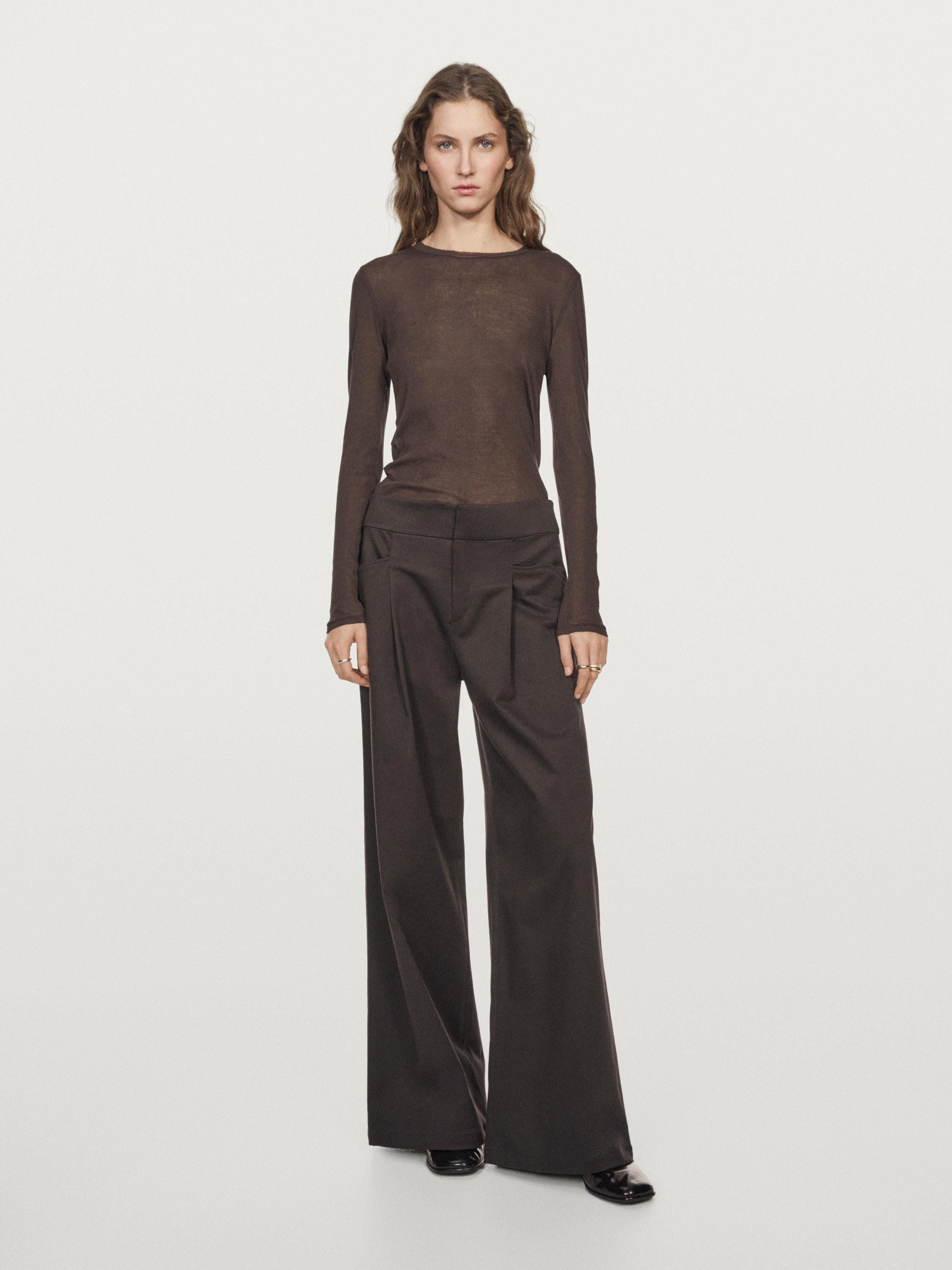 100% cotton semi-sheer T-shirt with collar detail — BROWN