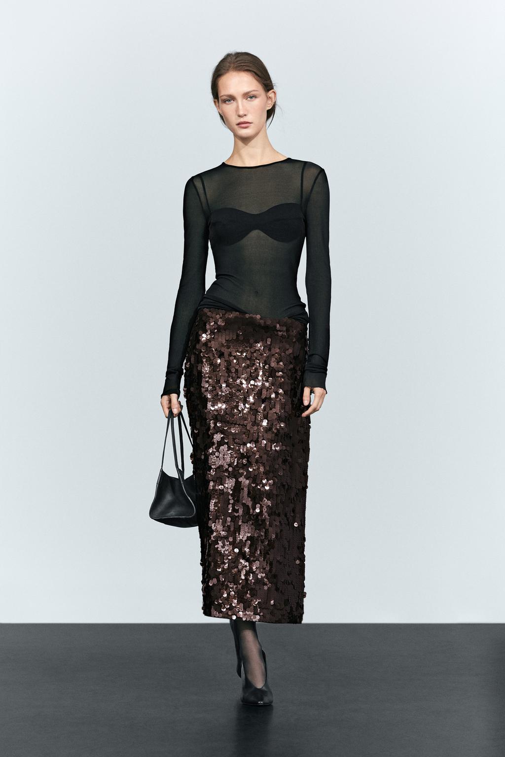 Massimo Dutti Düz sequin midi yubka