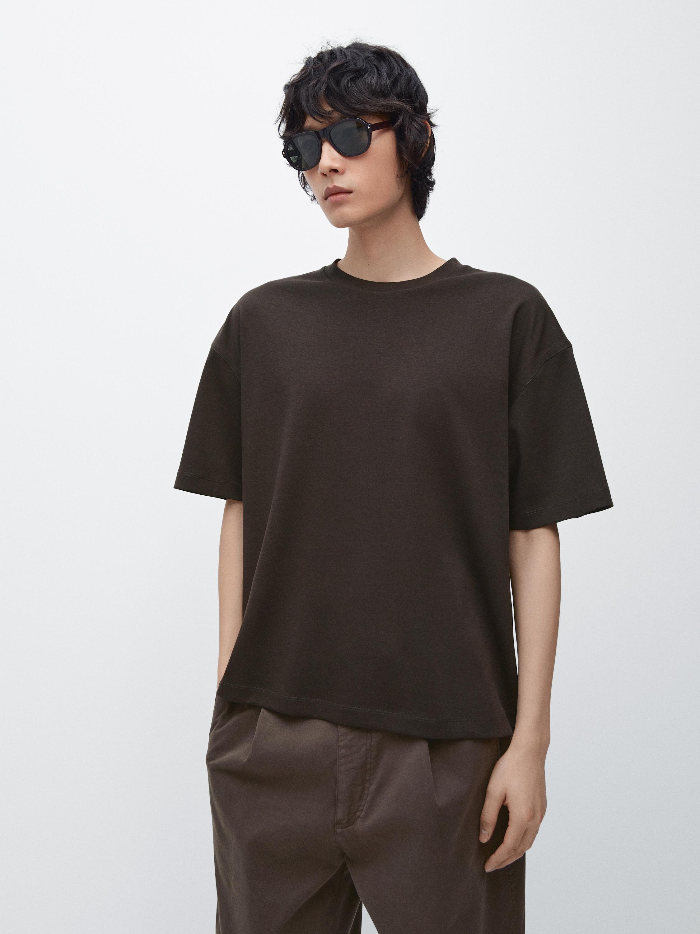 Boxy fit short sleeve cotton blend T-shirt — BROWN