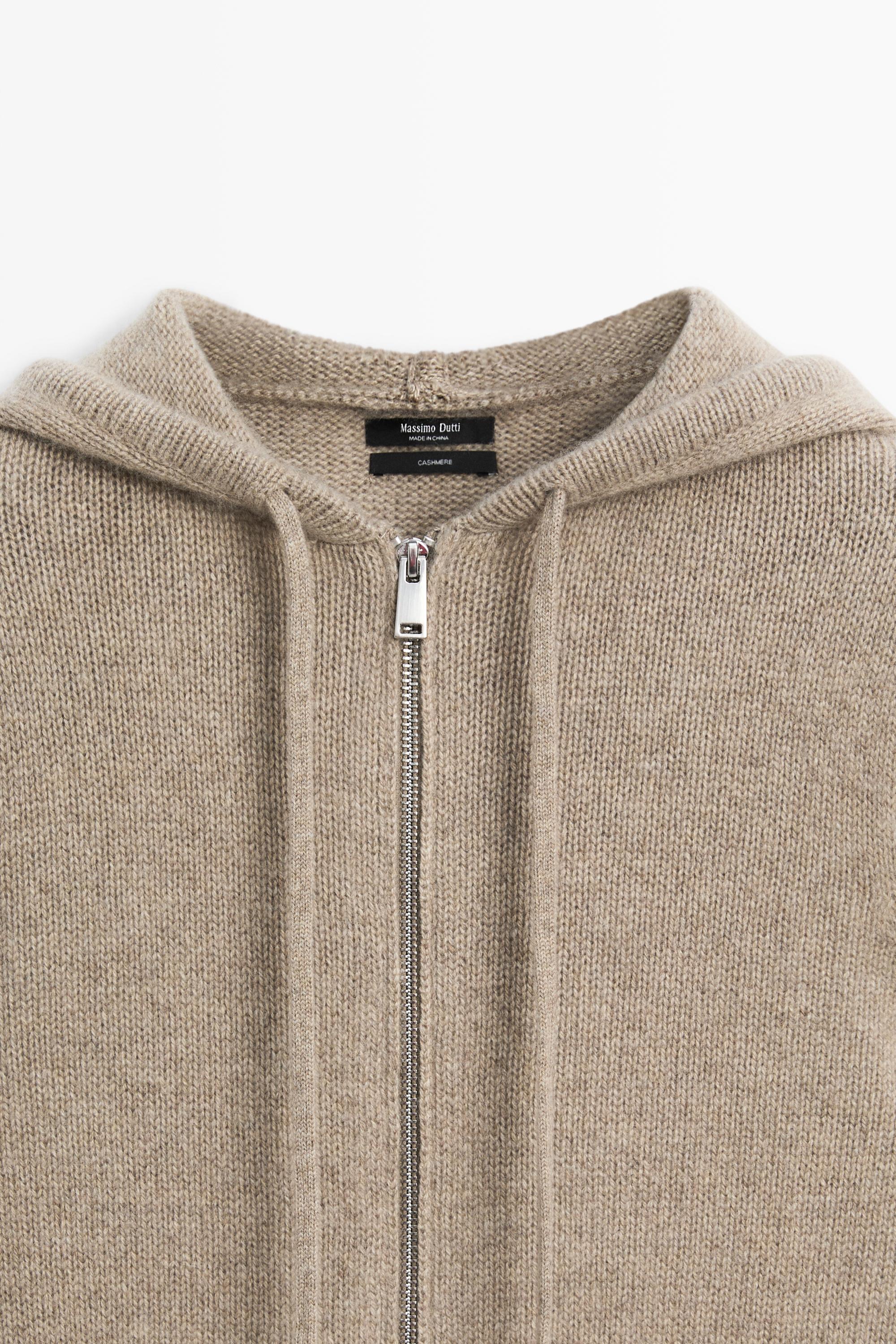 100% cashmere hooded zip-up cardigan — BEIGE